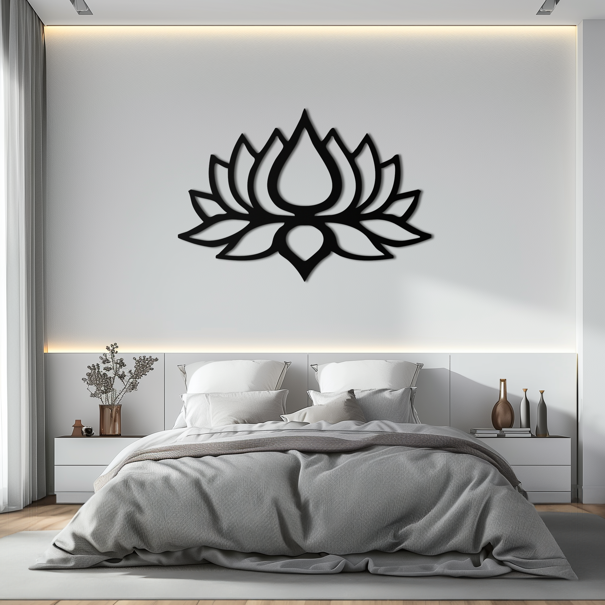 Lotus Flower Silhouette Metal Wall Art – Modern Black Floral Home Decor- KAF526
