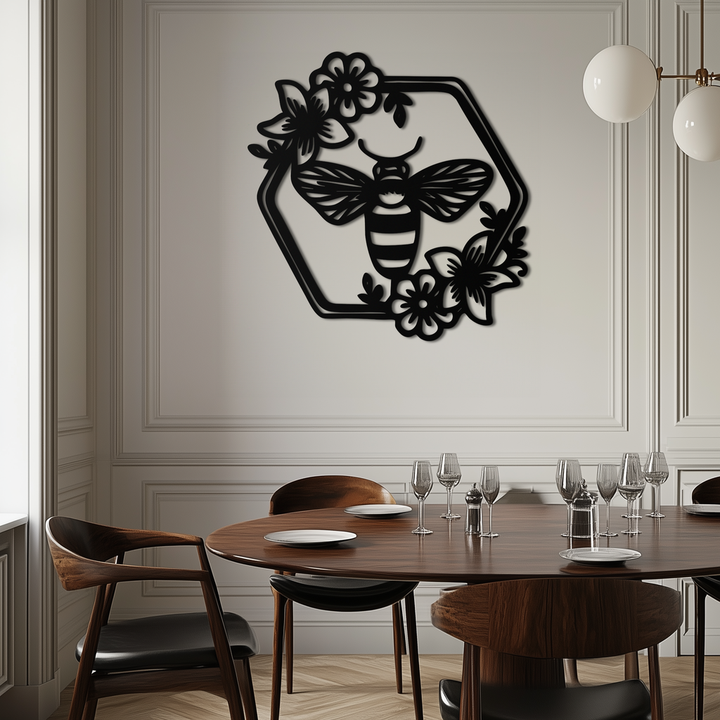 Floral Bee Silhouette Metal Wall Art – Nature Inspired Home Decoration- KAF544