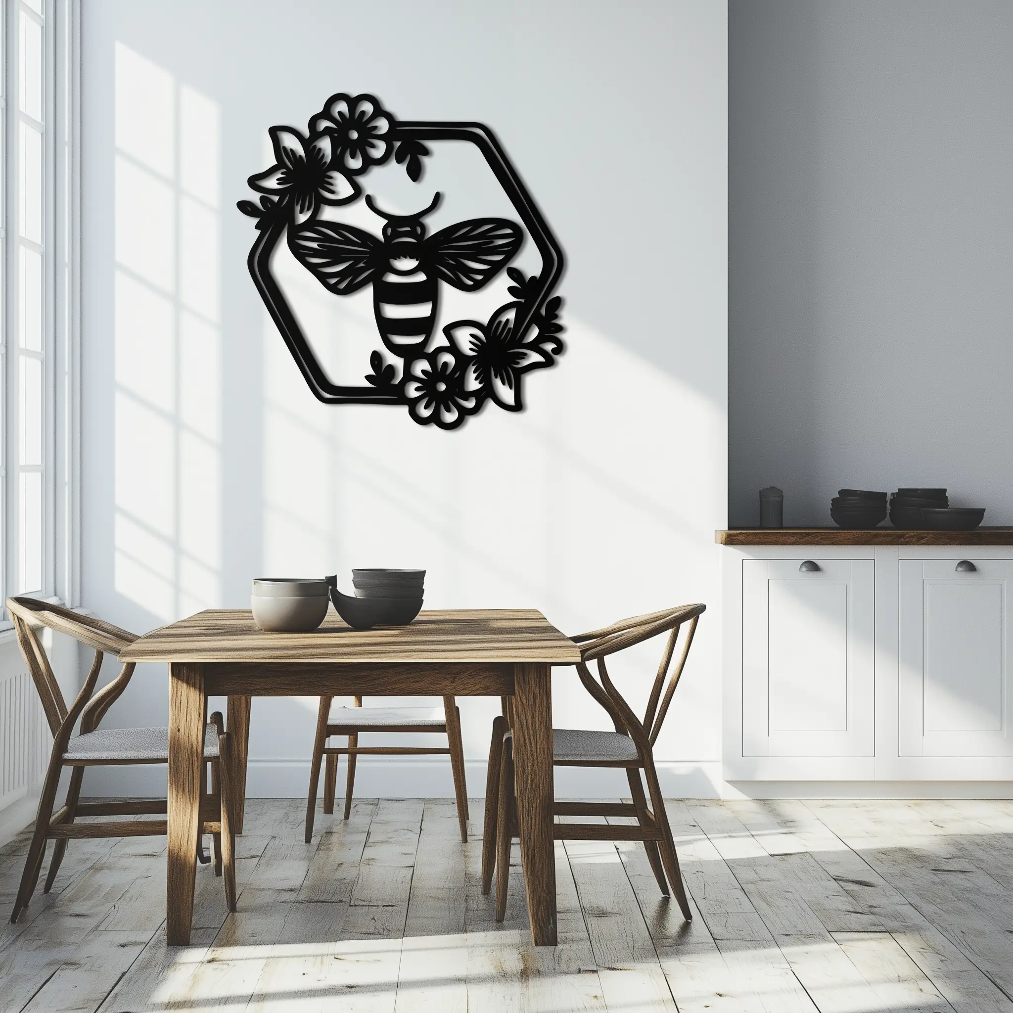 Floral Bee Silhouette Metal Wall Art – Nature Inspired Home Decoration- KAF544