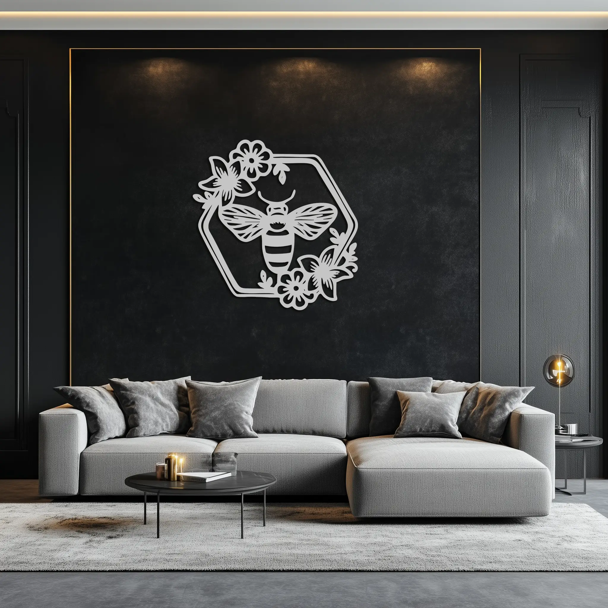 Floral Bee Silhouette Metal Wall Art – Nature Inspired Home Decoration- KAF544