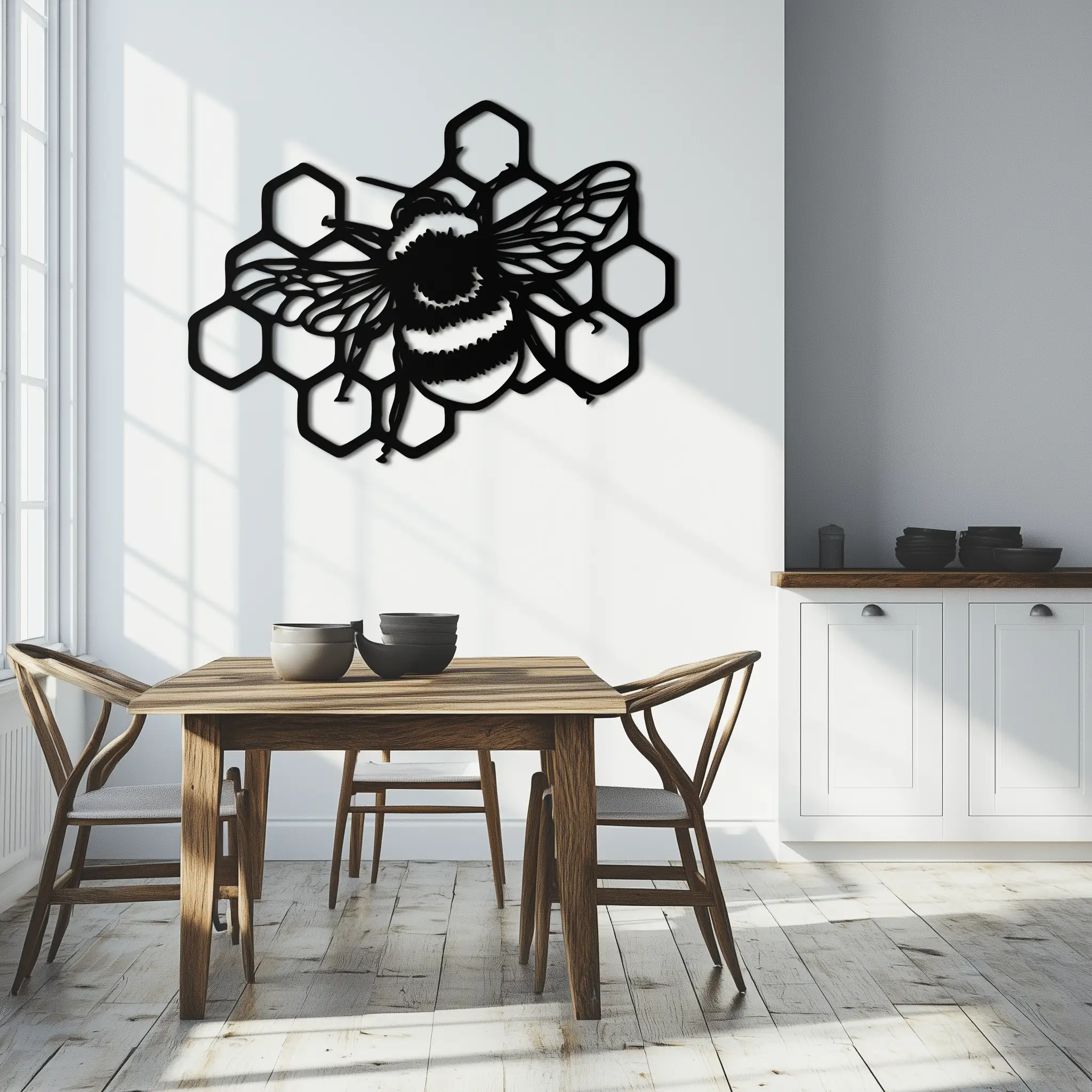 Bumblebee and Honeycomb Silhouette Metal Wall Art – Nature-Inspired Black Bee Decor- KAF545