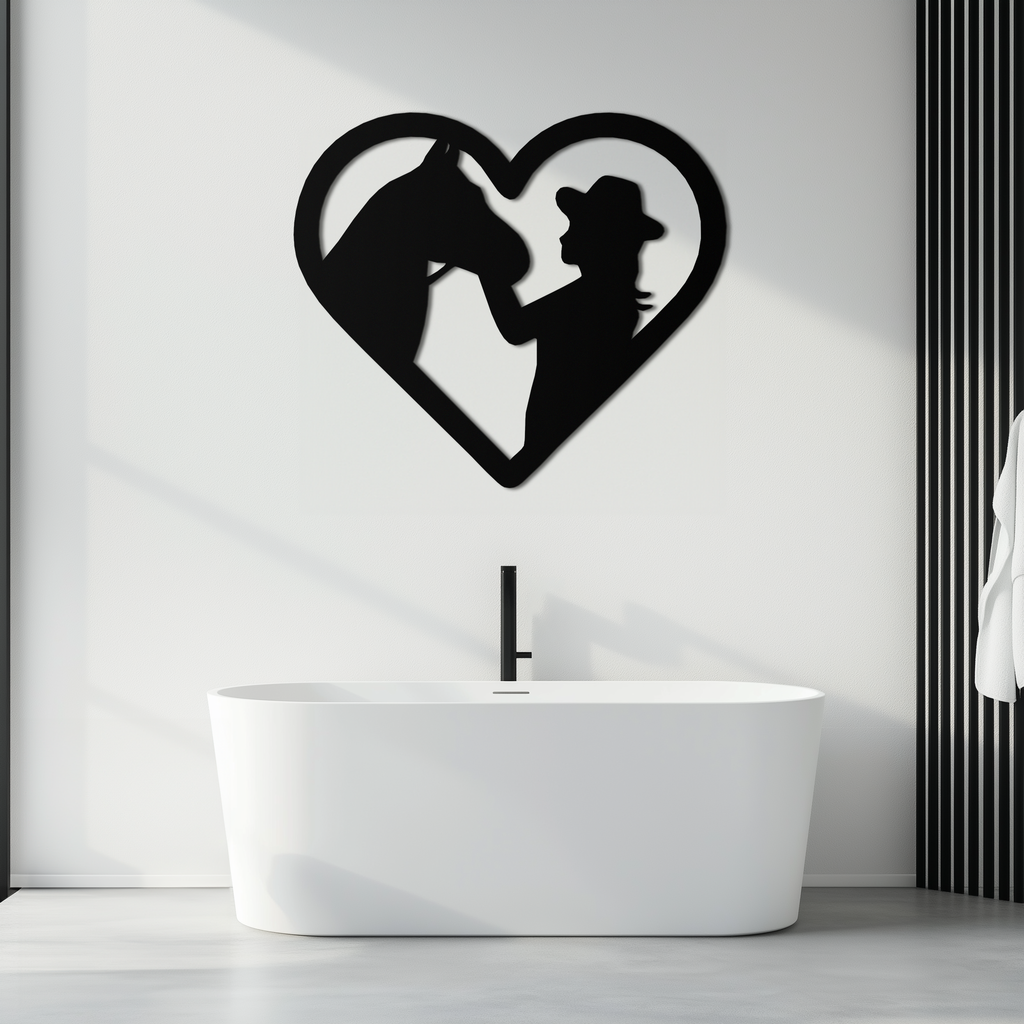Girl and Horse Silhouette Heart Metal Wall Art – Farmhouse Horse Lover Gift- KAF548