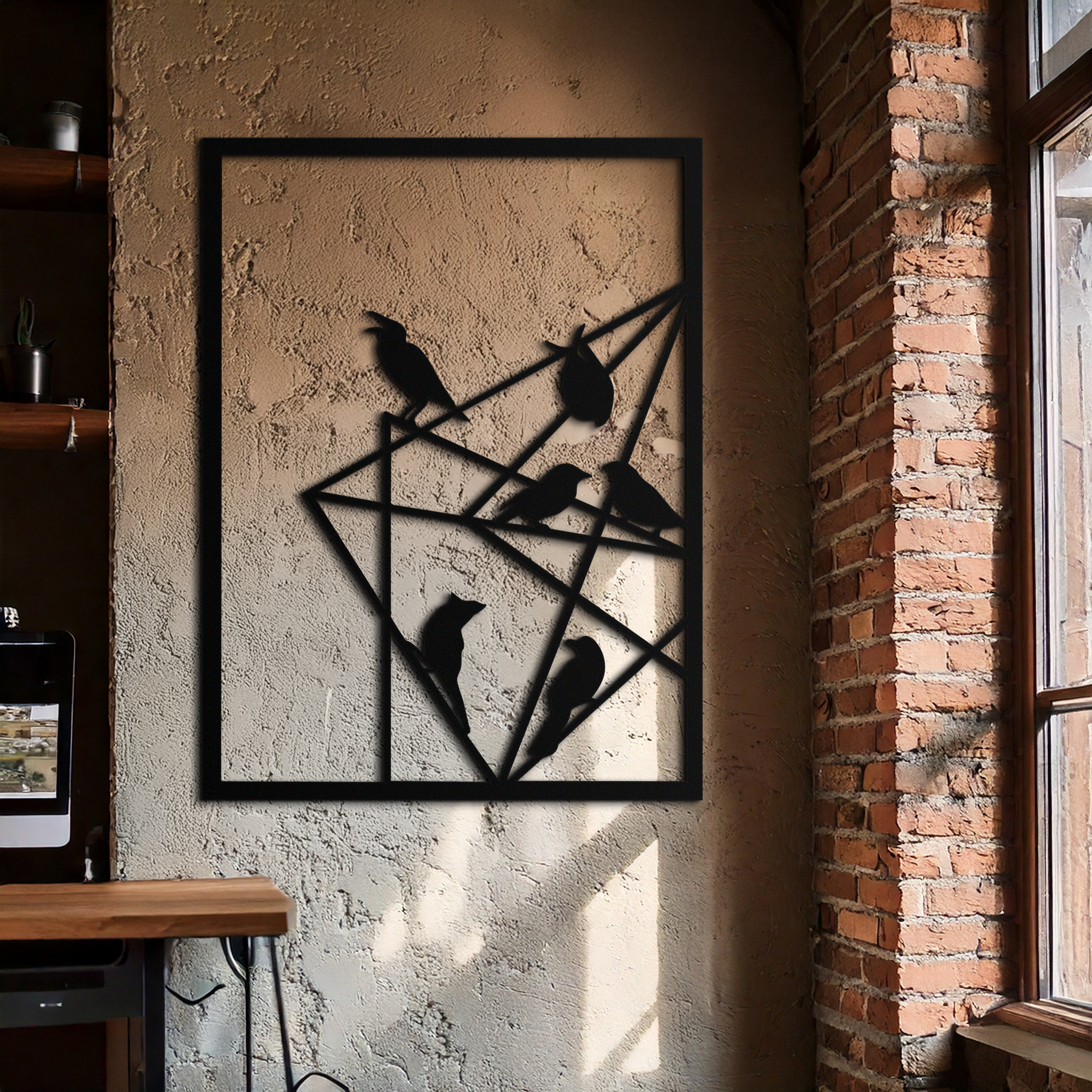 Geometric Birds Gathering Metal Wall Art – Modern Minimalist Black Wall Decor- KAF549
