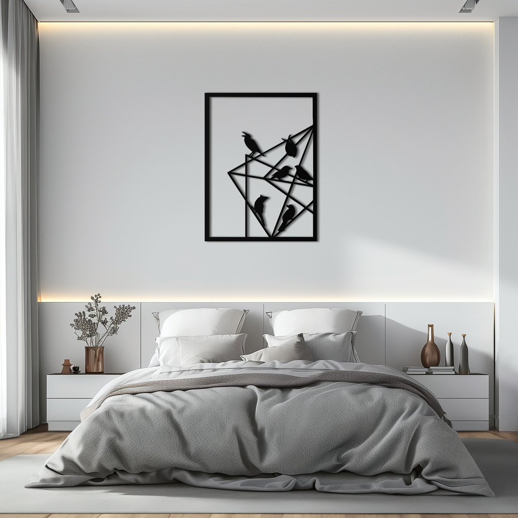 Geometric Birds Gathering Metal Wall Art – Modern Minimalist Black Wall Decor- KAF549