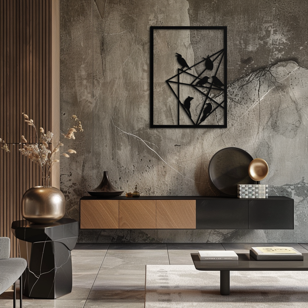 Geometric Birds Gathering Metal Wall Art – Modern Minimalist Black Wall Decor- KAF549
