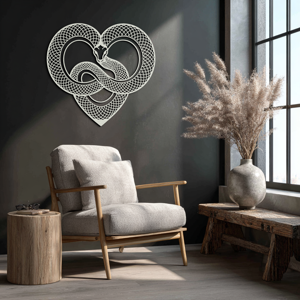 Snake Heart Metal Wall Art – Modern Black Snake Wall Decor for Home and Office- KAF555