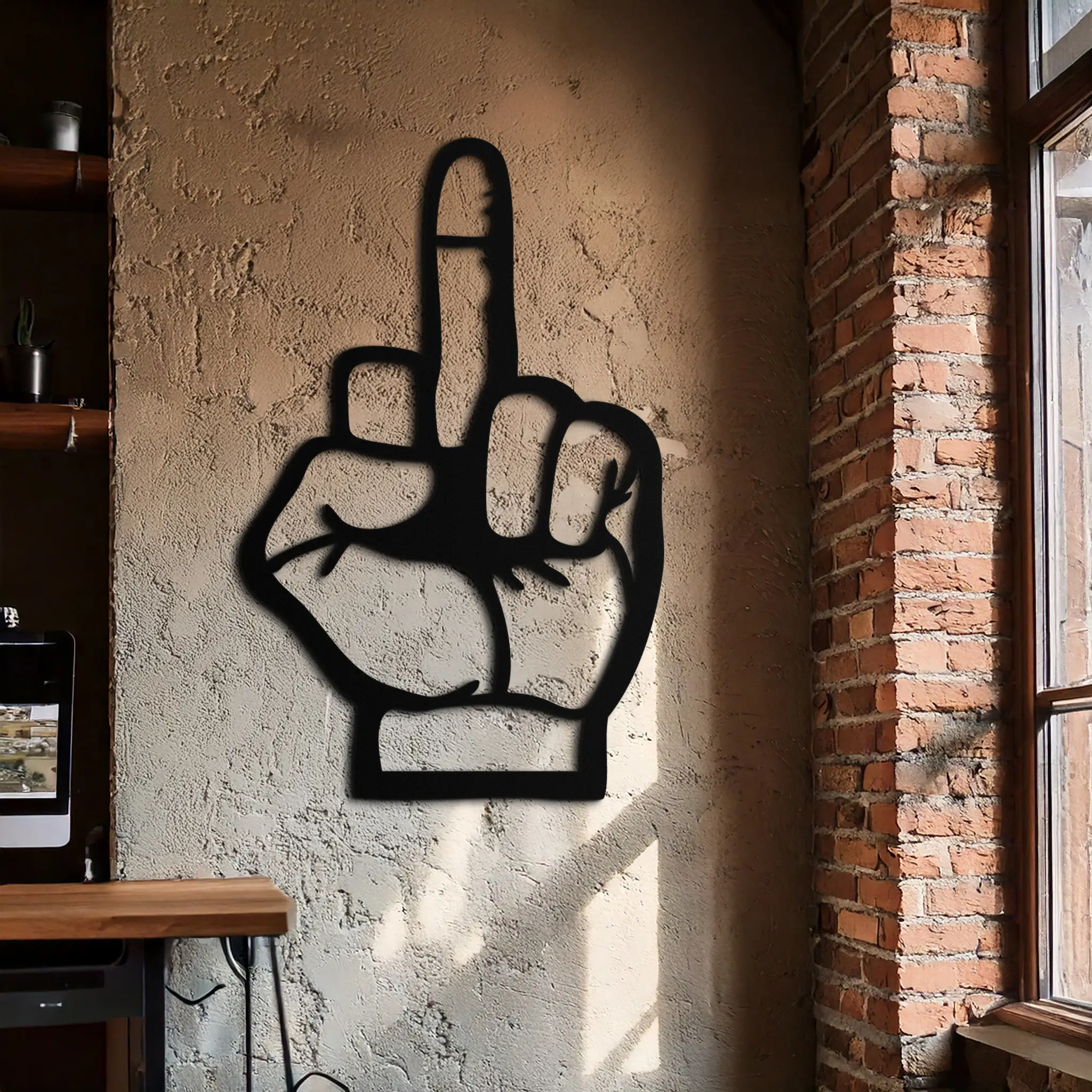 Funny Middle Finger Metal Wall Art – Bold and Playful Black Home Decor- KAF562