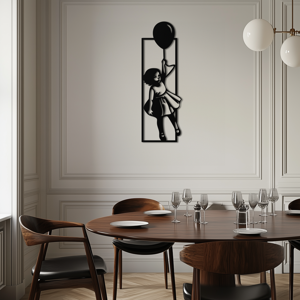 Balloon Girl Silhouette Metal Wall Art – Whimsical Modern Home Decor- KAF563