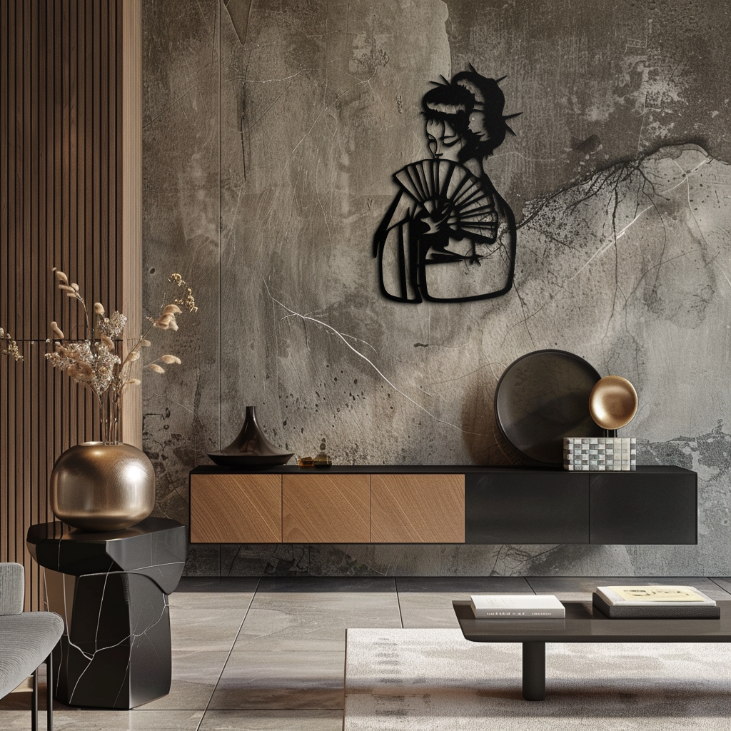 Geisha Silhouette Metal Wall Art – Japanese Woman with Fan Modern Decor- KAF568
