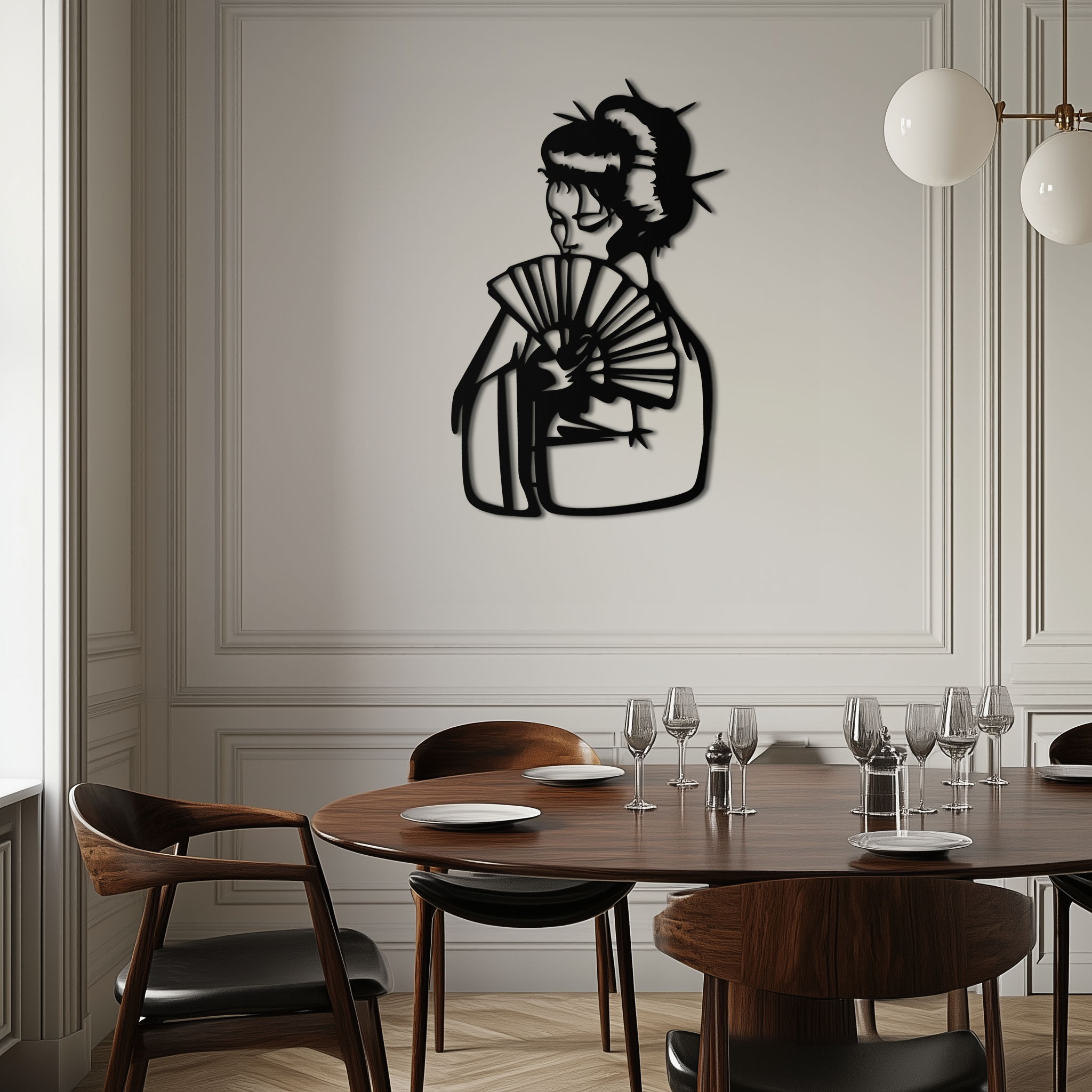 Geisha Silhouette Metal Wall Art – Japanese Woman with Fan Modern Decor- KAF568