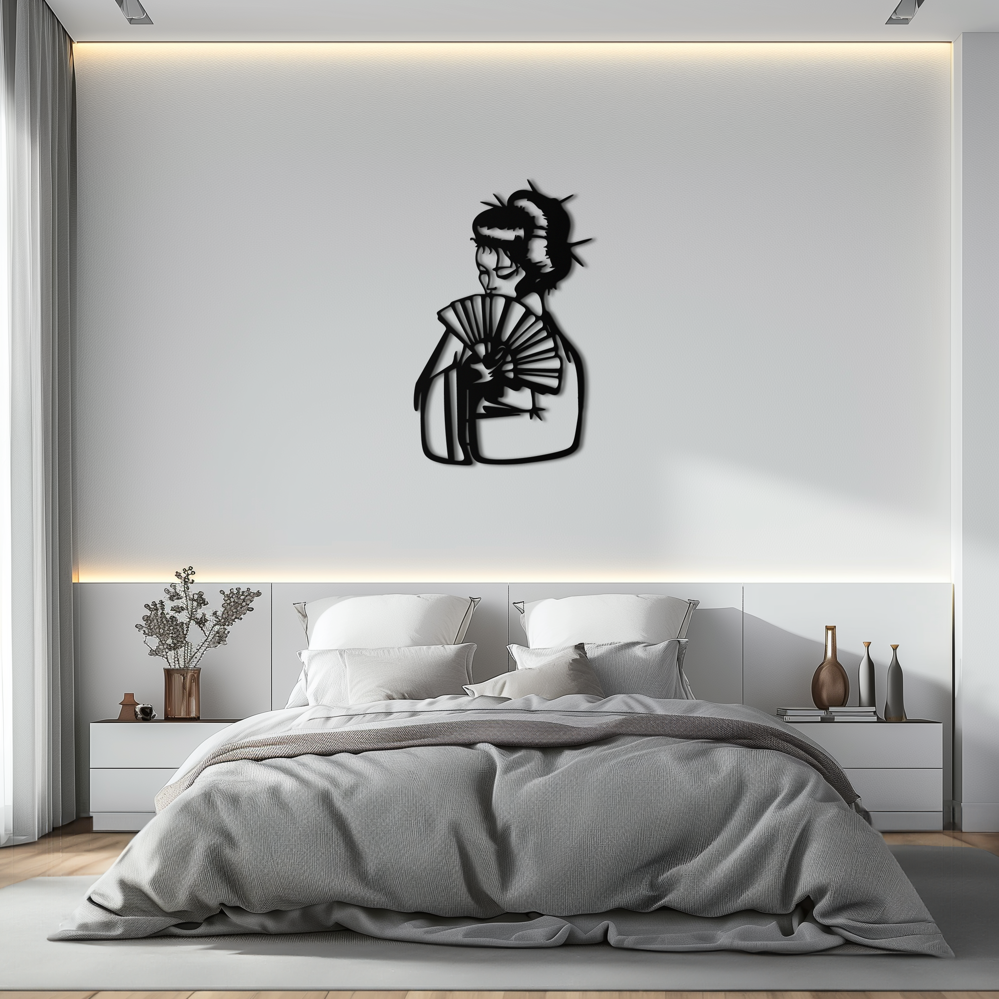 Geisha Silhouette Metal Wall Art – Japanese Woman with Fan Modern Decor- KAF568