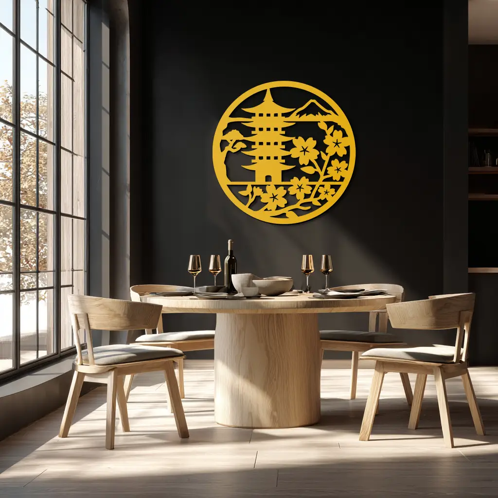 Japanese Pagoda and Sakura Flowers Metal Wall Art – Zen Garden Decor- KAF570