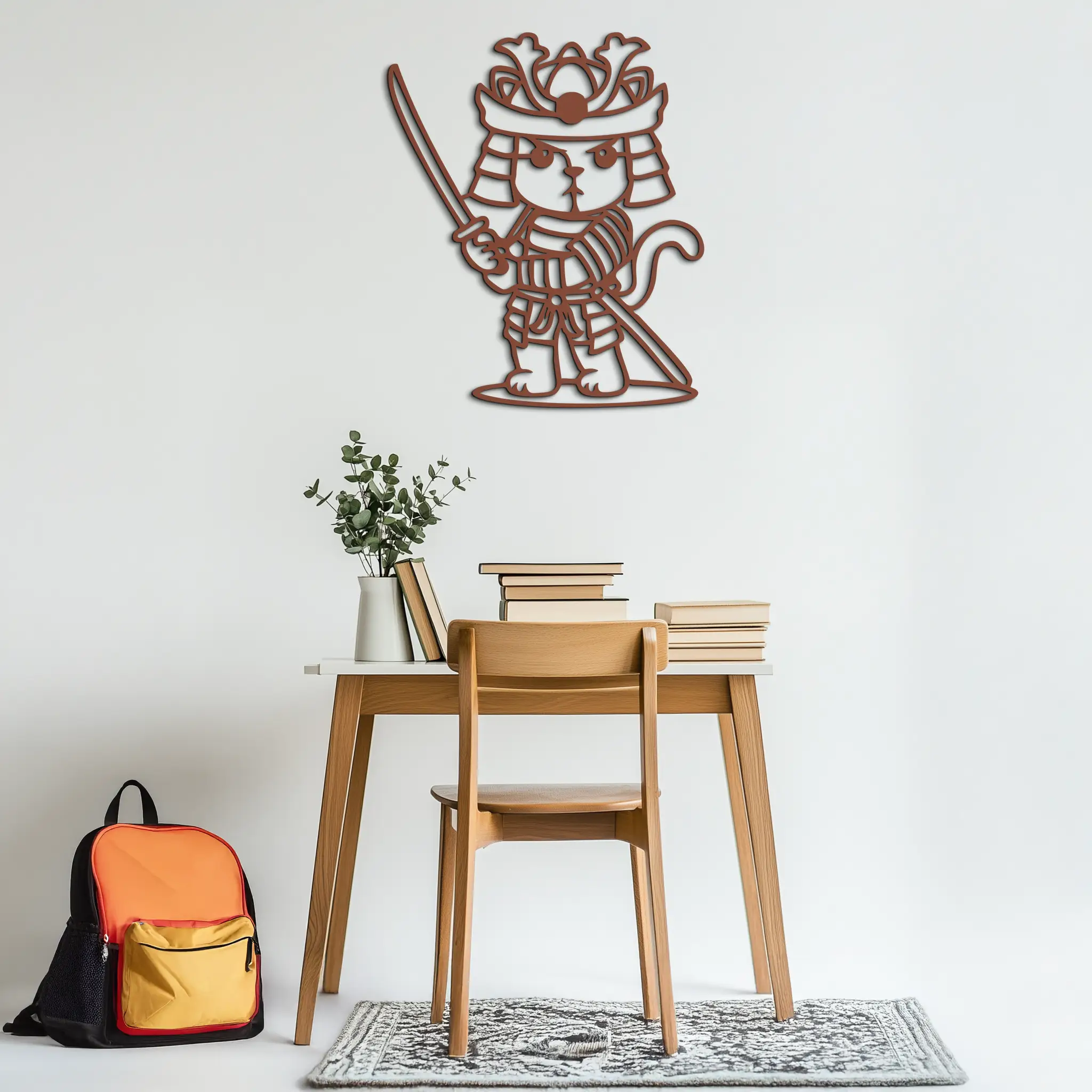 Samurai Cat Warrior Metal Wall Art – Cute Japanese Katana Decor- KAF576