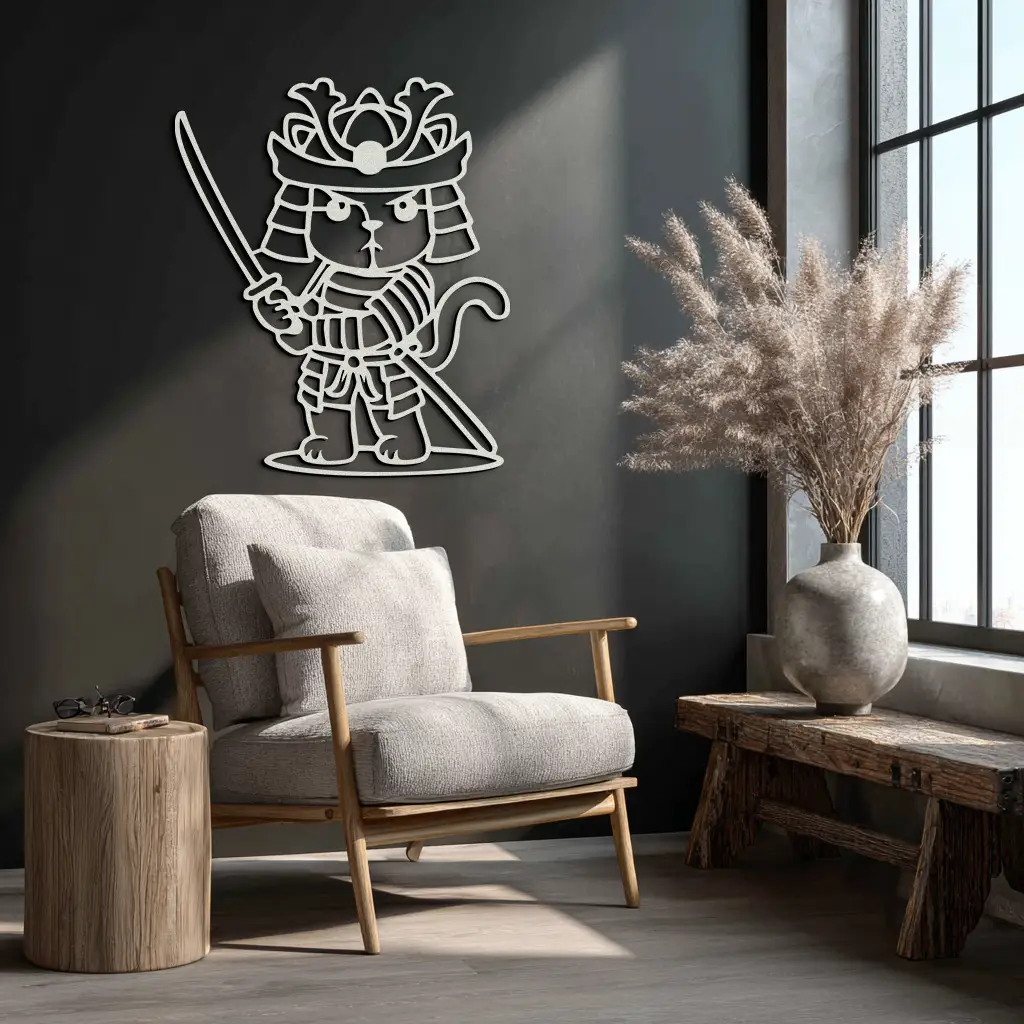 Samurai Cat Warrior Metal Wall Art – Cute Japanese Katana Decor- KAF576