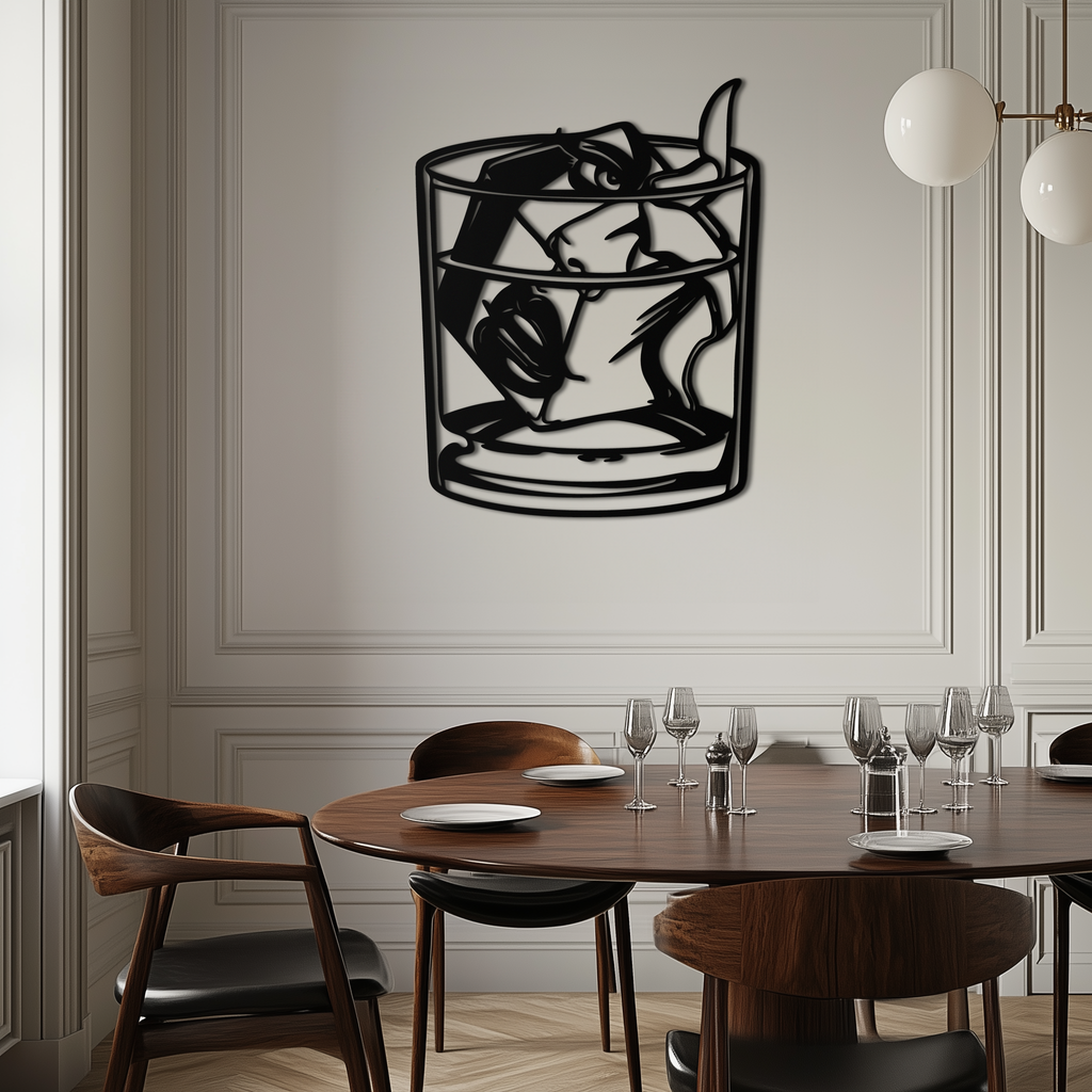 Woman in Whiskey Glass Metal Wall Art – Ice Cube Design Bar Decor for Modern Interiors- KAF578