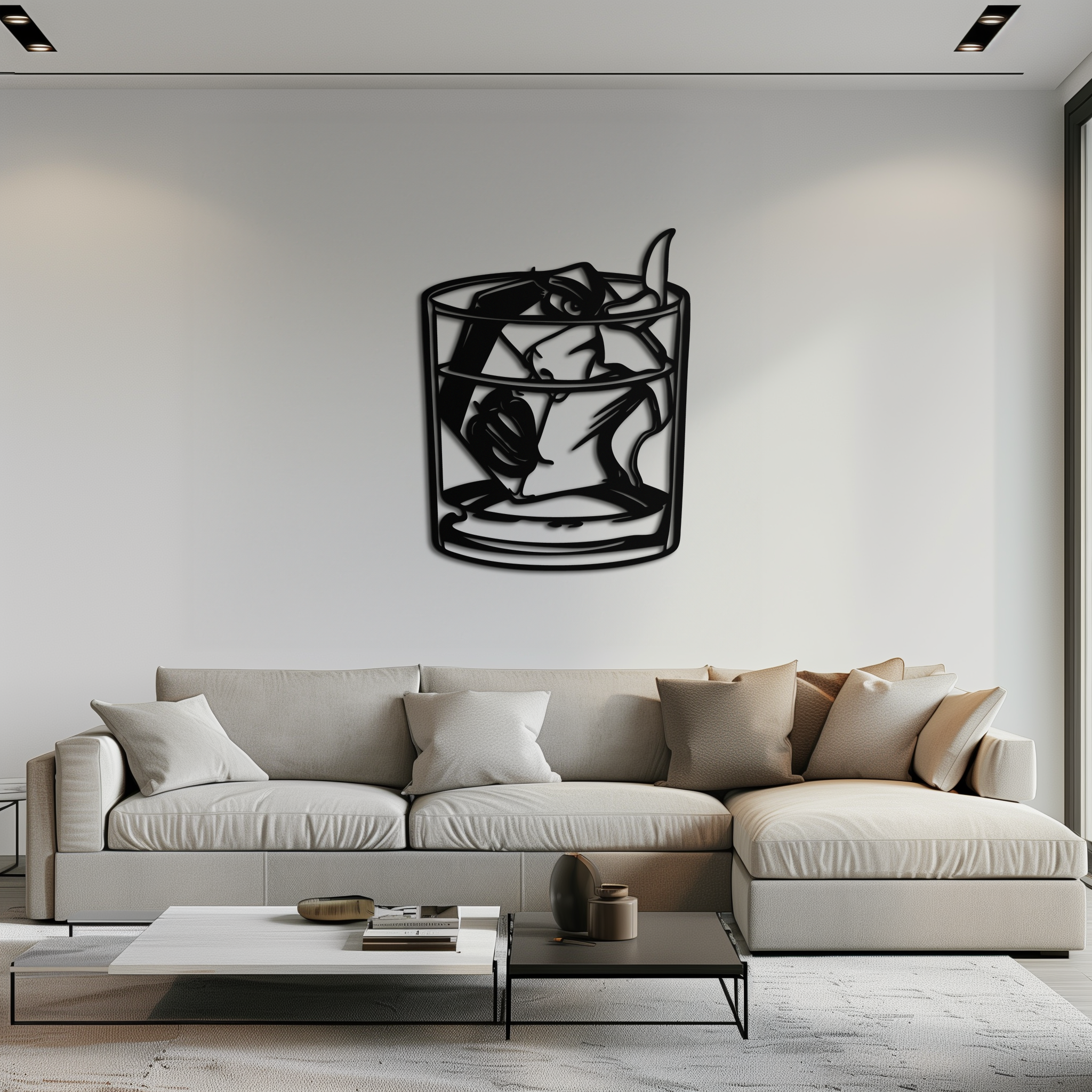 Woman in Whiskey Glass Metal Wall Art – Ice Cube Design Bar Decor for Modern Interiors- KAF578