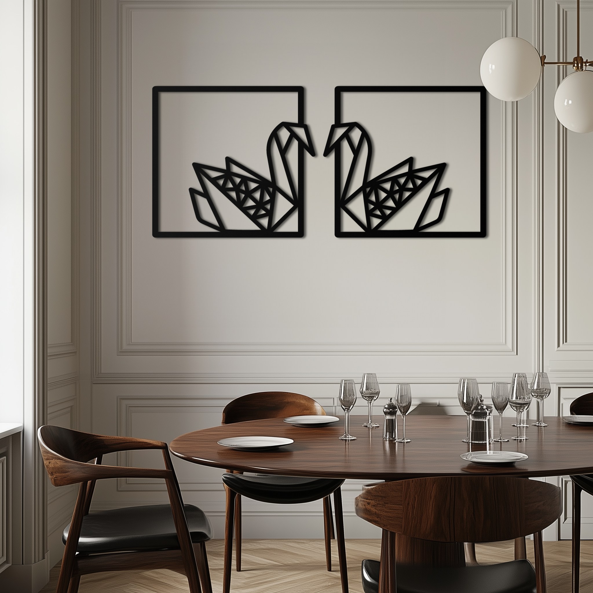 Origami Swan Couple Metal Wall Art – Geometric Mirrored Swan Design for Modern Interiors- KAF581
