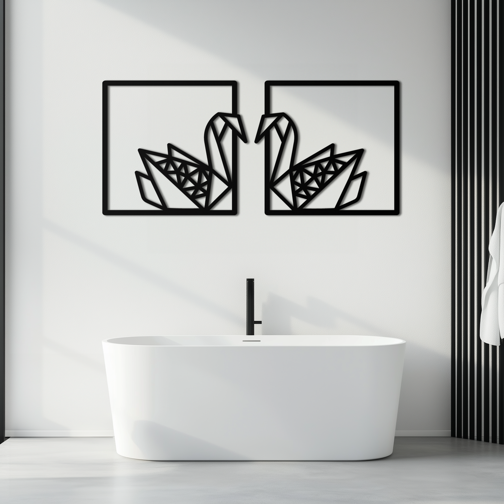 Origami Swan Couple Metal Wall Art – Geometric Mirrored Swan Design for Modern Interiors- KAF581