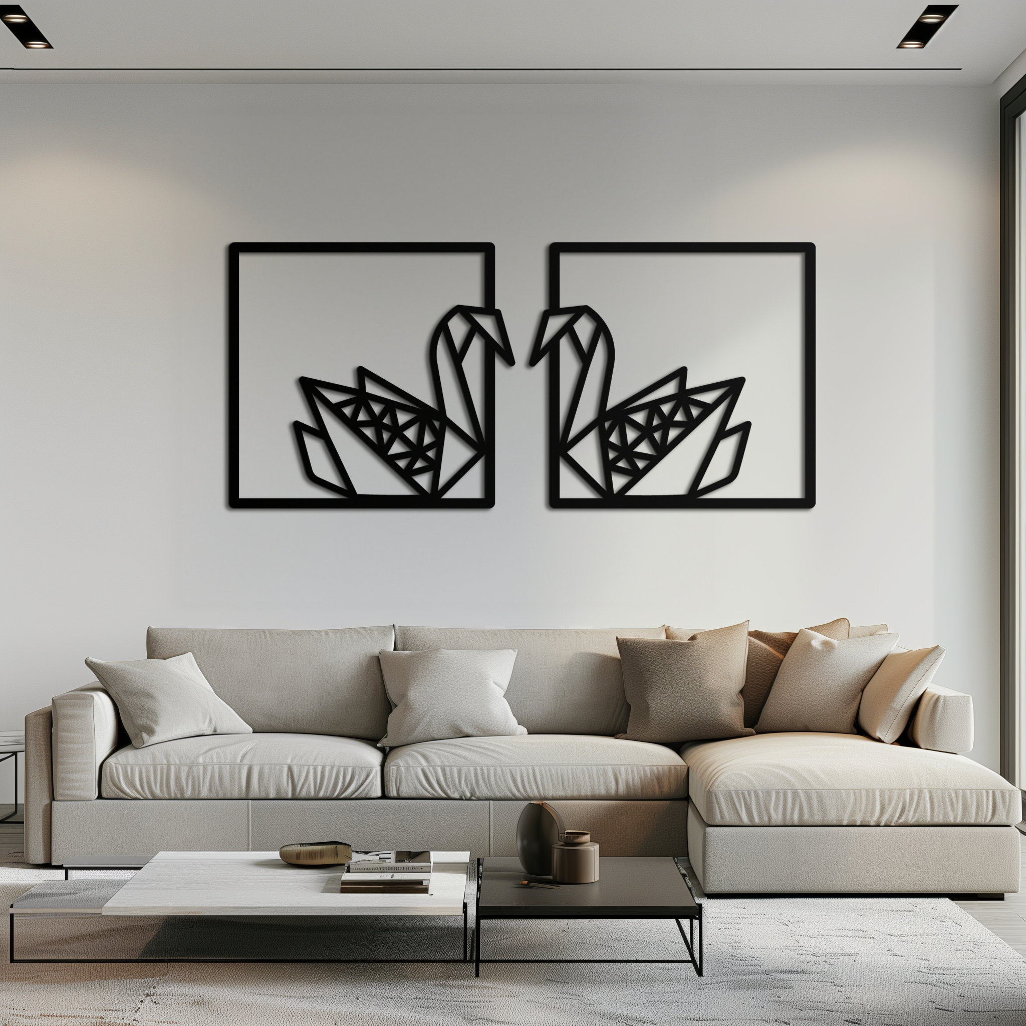 Origami Swan Couple Metal Wall Art – Geometric Mirrored Swan Design for Modern Interiors- KAF581
