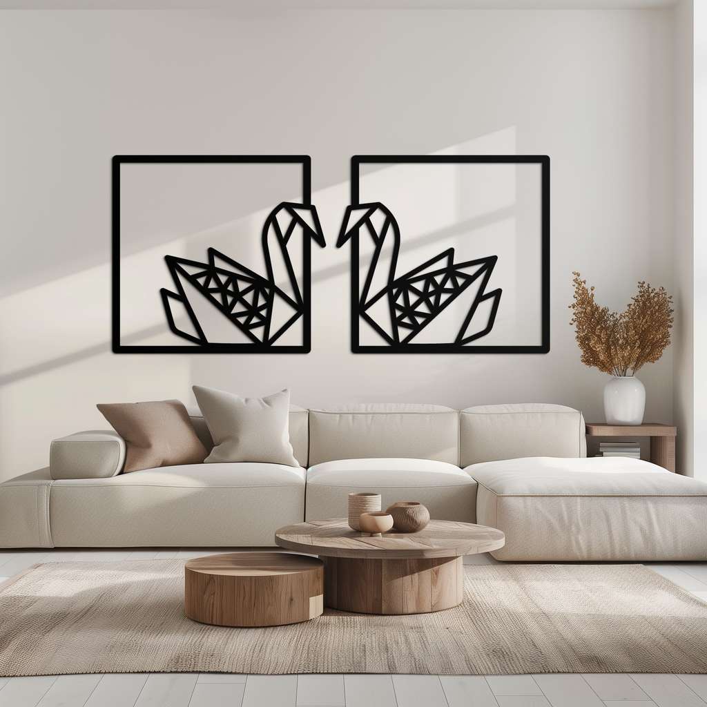 Origami Swan Couple Metal Wall Art – Geometric Mirrored Swan Design for Modern Interiors- KAF581