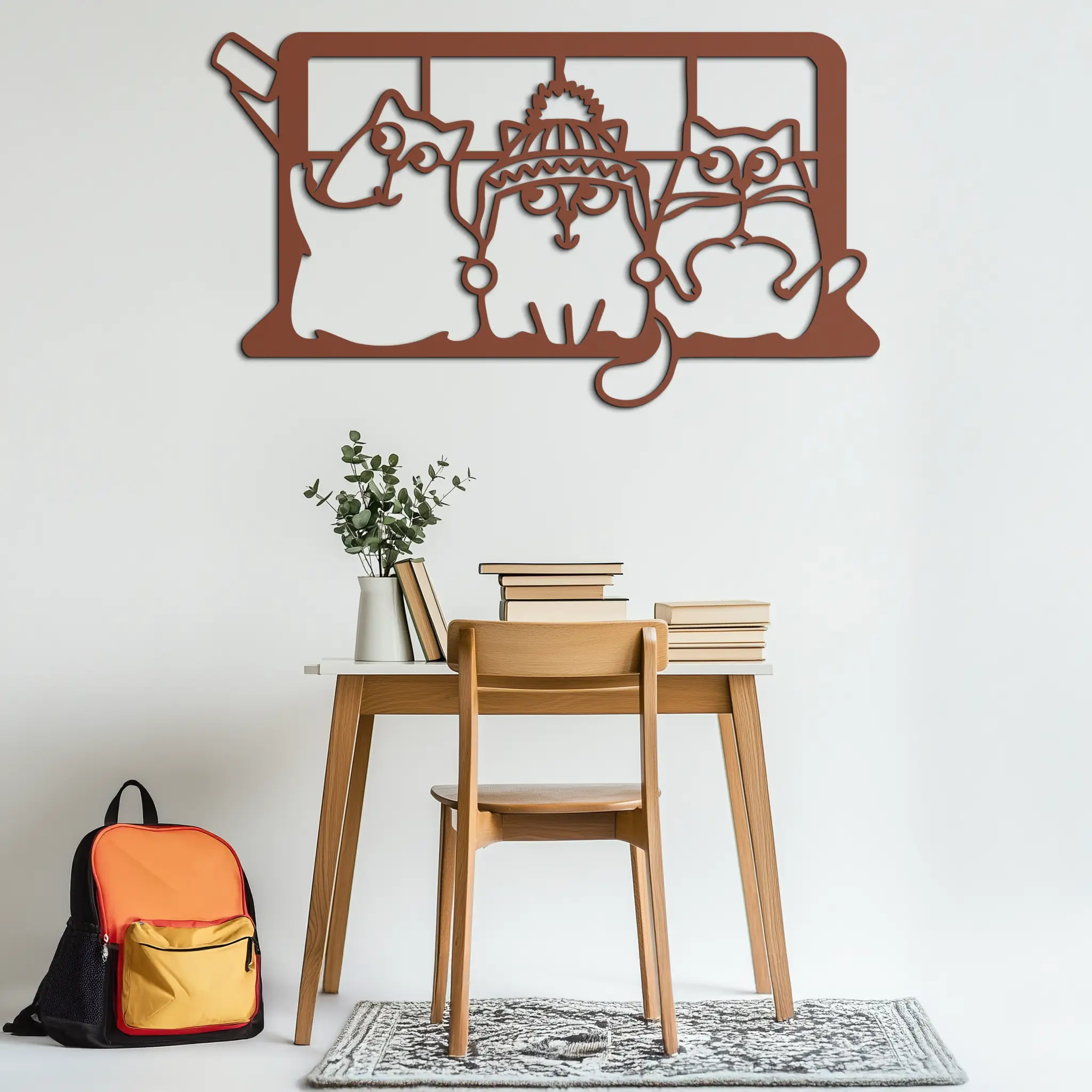 Cozy Window Cats Metal Wall Art – Cute Cartoon Trio Design for Pet Lovers- KAF582