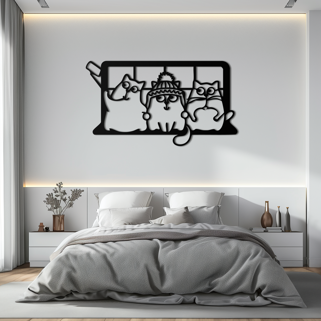 Cozy Window Cats Metal Wall Art – Cute Cartoon Trio Design for Pet Lovers- KAF582