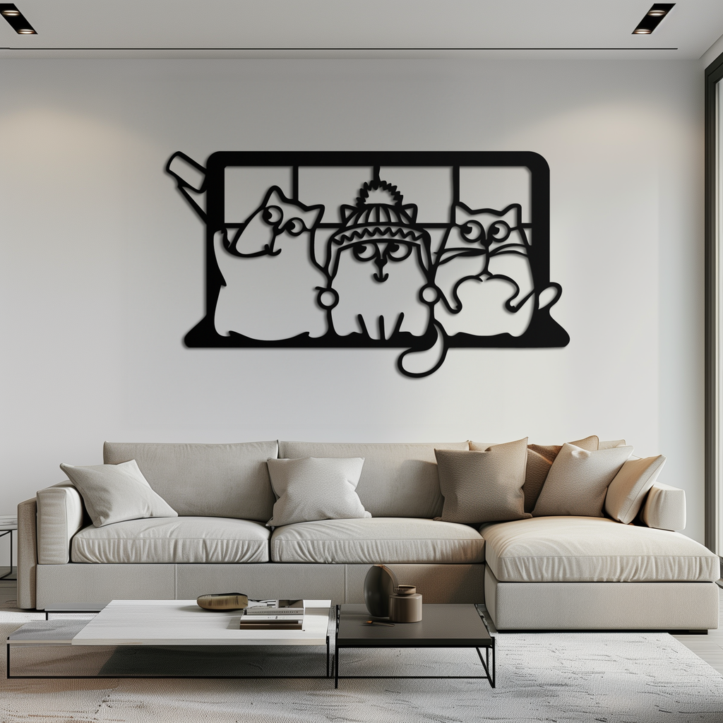 Cozy Window Cats Metal Wall Art – Cute Cartoon Trio Design for Pet Lovers- KAF582