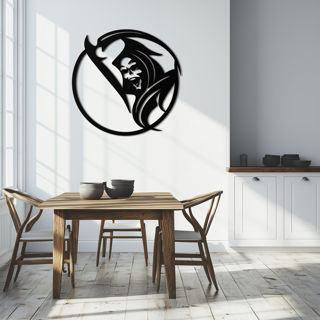 Grim Reaper Circle Metal Wall Art – Dark Gothic Scythe Decor for Horror Enthusiasts- KAF586