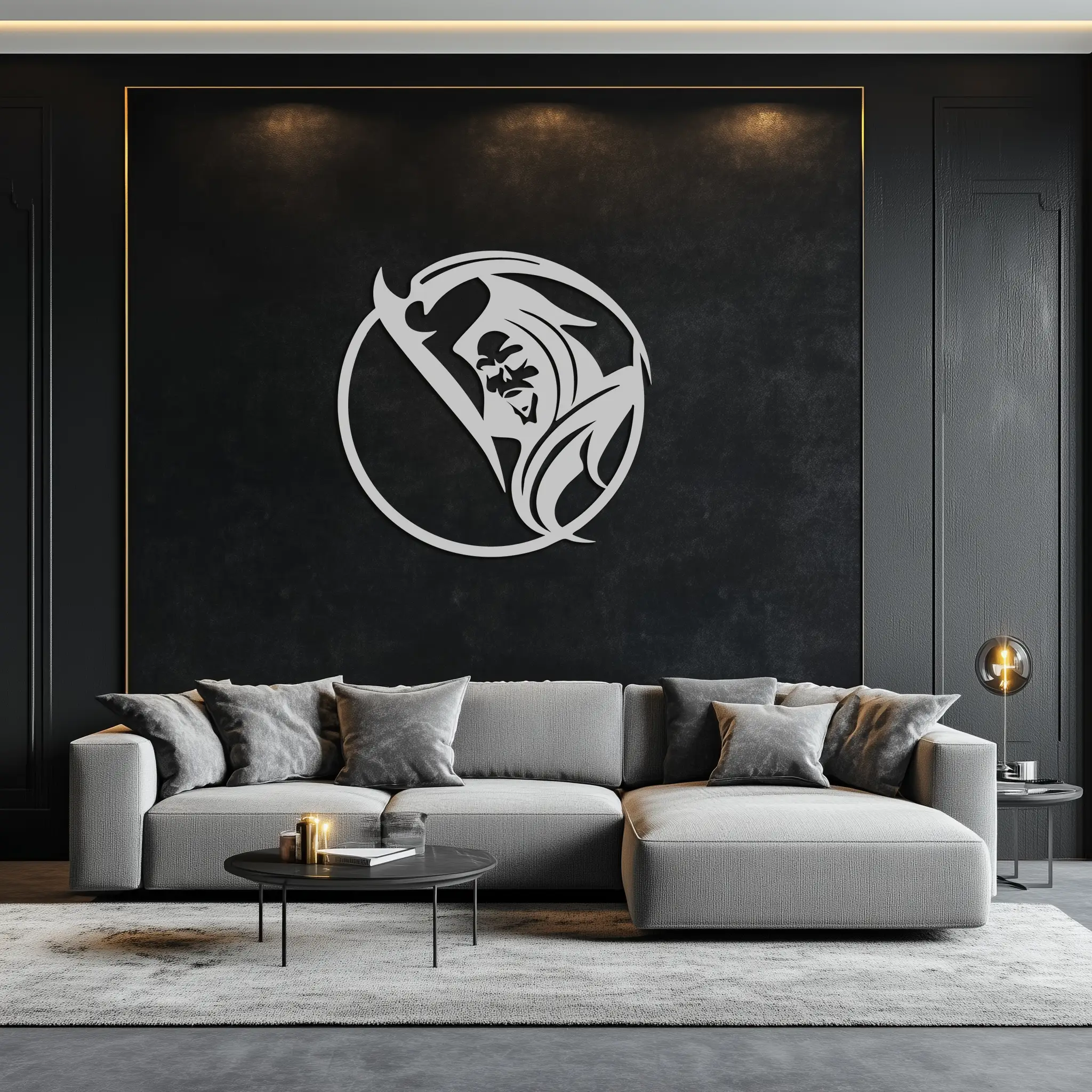 Grim Reaper Circle Metal Wall Art – Dark Gothic Scythe Decor for Horror Enthusiasts- KAF586