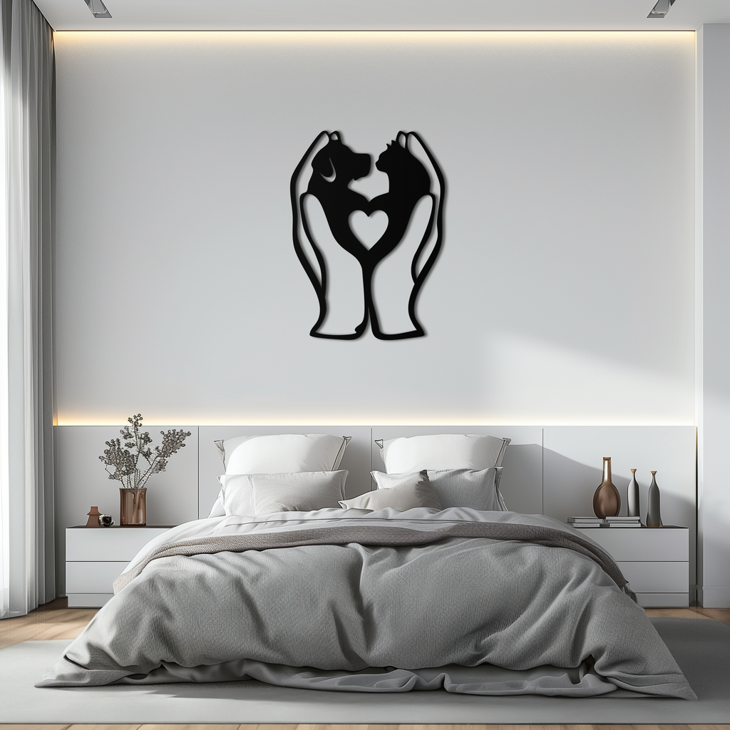 Dog and Cat in Hand Metal Wall Art – Heartwarming Pet Love Decor for Animal Lovers- KAF593