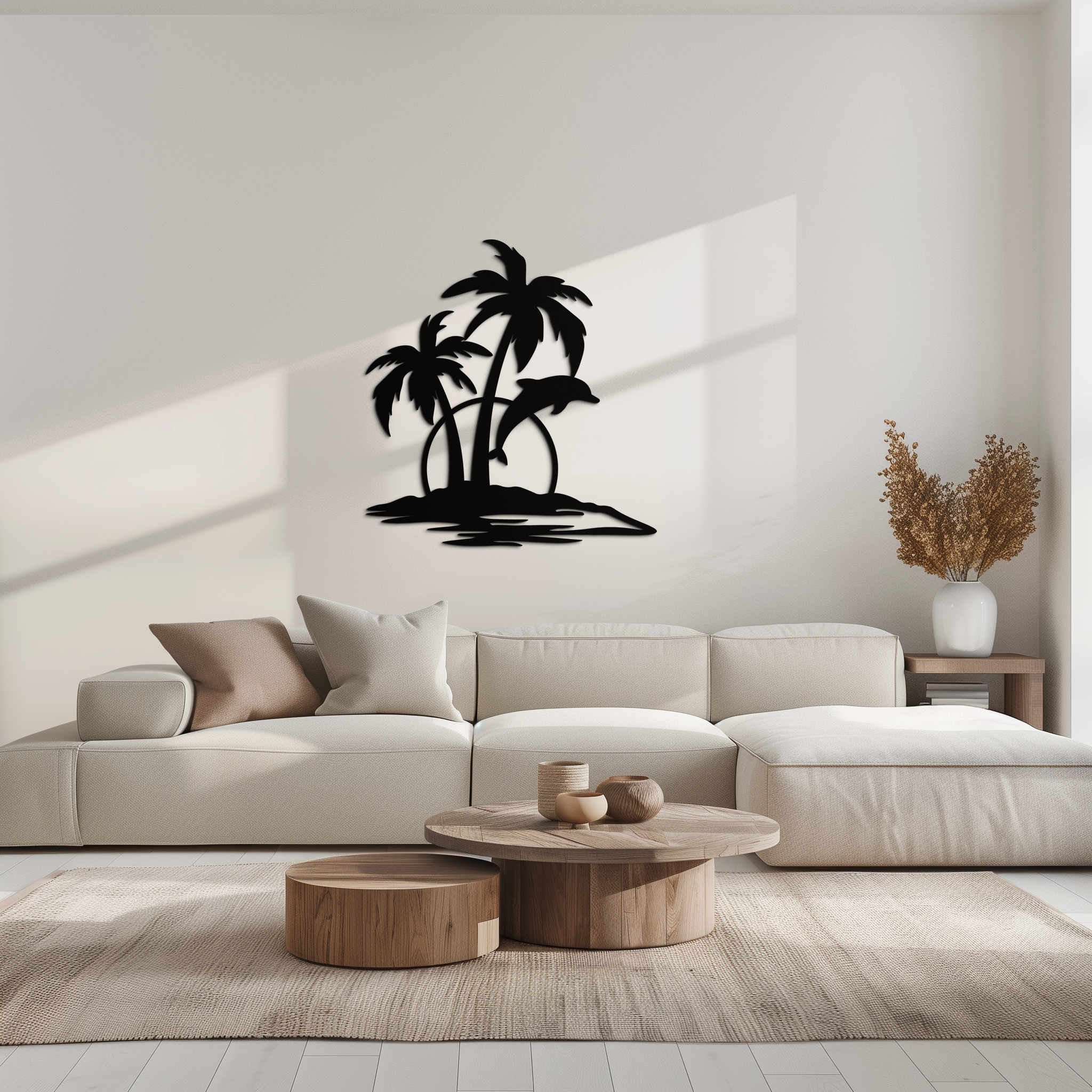 Tropical Dolphin and Palm Tree Metal Wall Art – Sunset Island Scene Coastal Decor- KAF598