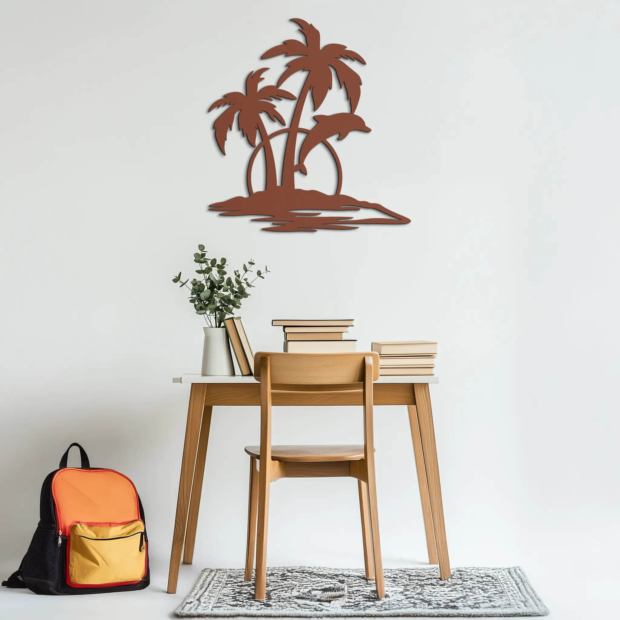 Tropical Dolphin and Palm Tree Metal Wall Art – Sunset Island Scene Coastal Decor- KAF598