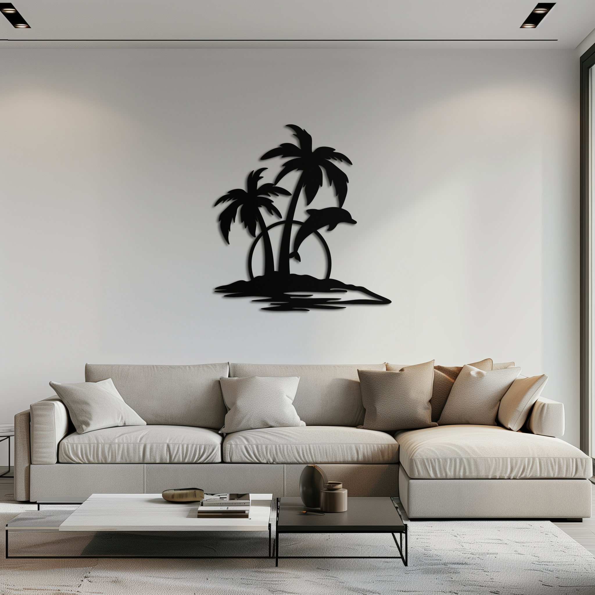 Tropical Dolphin and Palm Tree Metal Wall Art – Sunset Island Scene Coastal Decor- KAF598