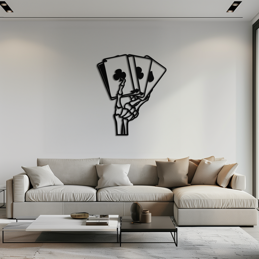 Skeleton Hand Holding Playing Cards Metal Wall Art – Gothic Poker Room Decor-KAF614
