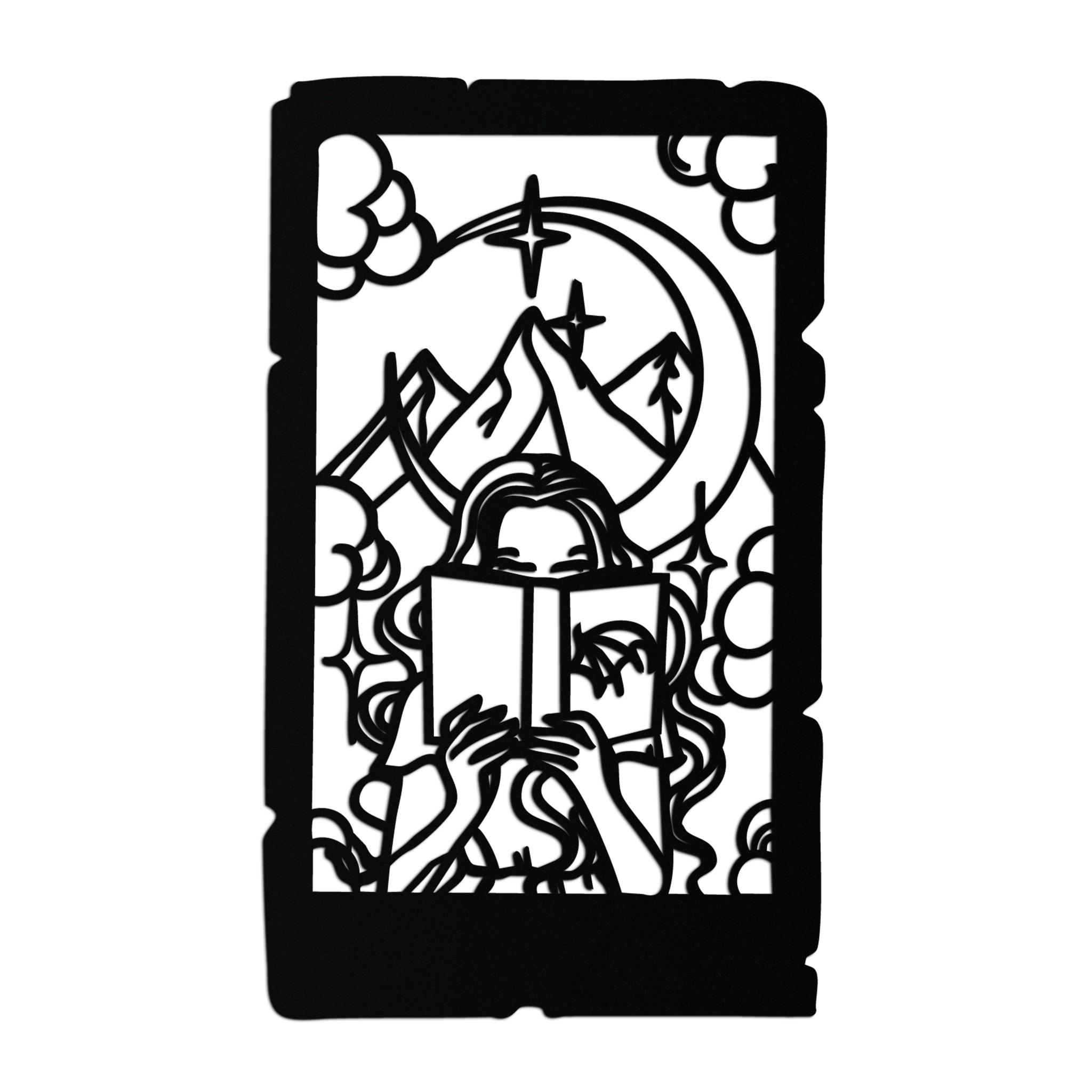 Reading Lady Metal Wall Art – Book Lover Silhouette with Moon and Mountains-KAF616