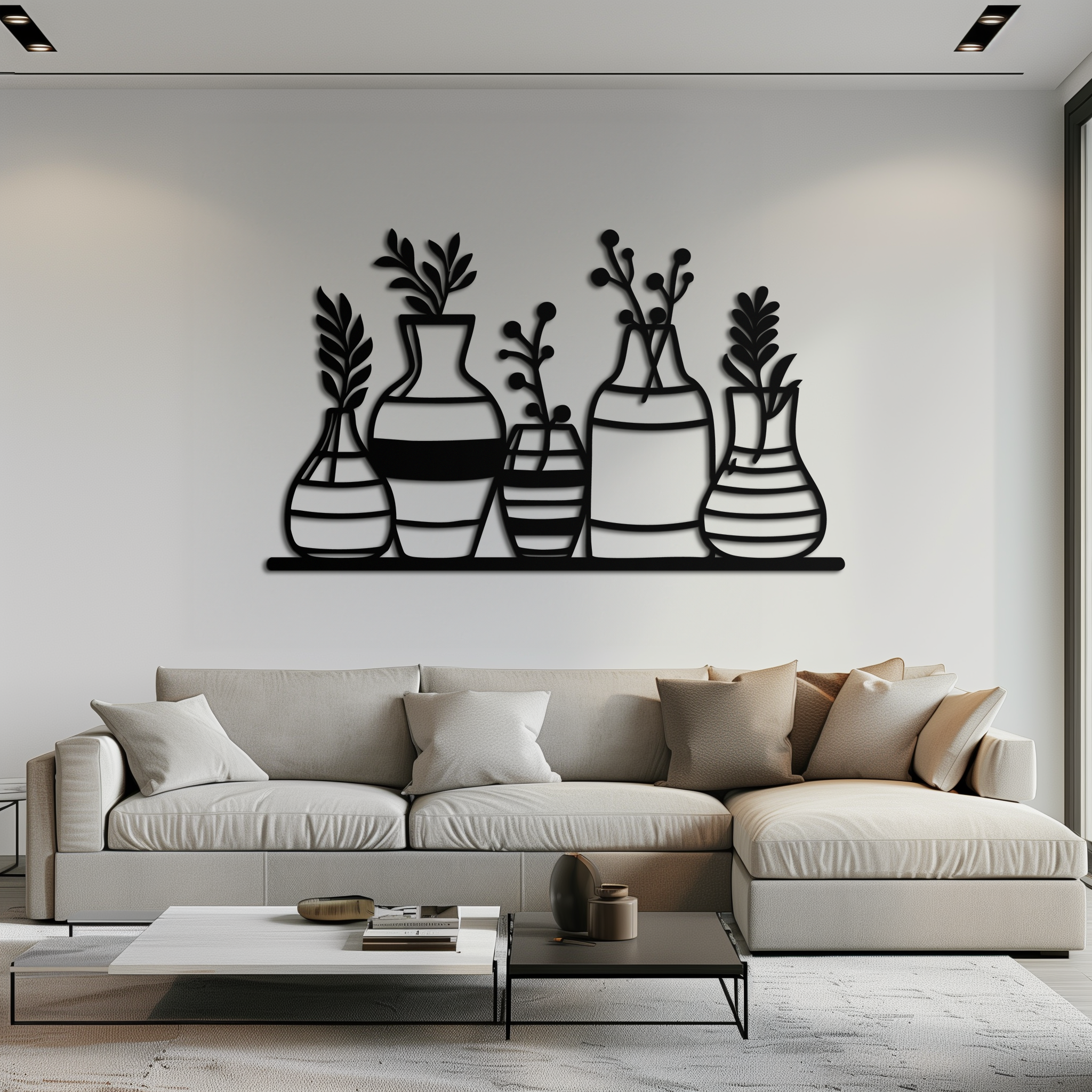 Modern Minimalist Vase Silhouette Metal Wall Art – Geometric Botanical Decor for Living Spaces- KAF631