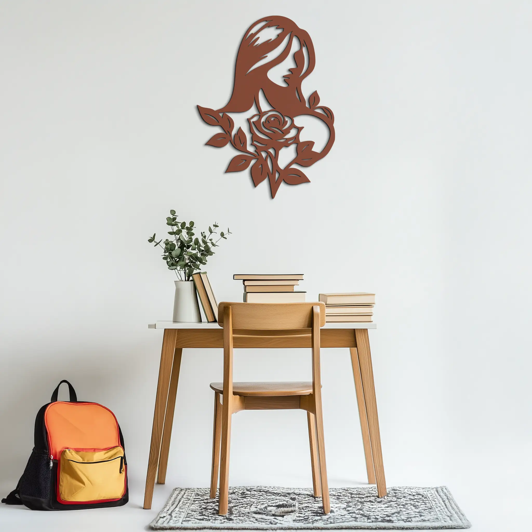 Woman and Rose Silhouette Metal Wall Art – Floral Line Art Metal Decor- KAF633
