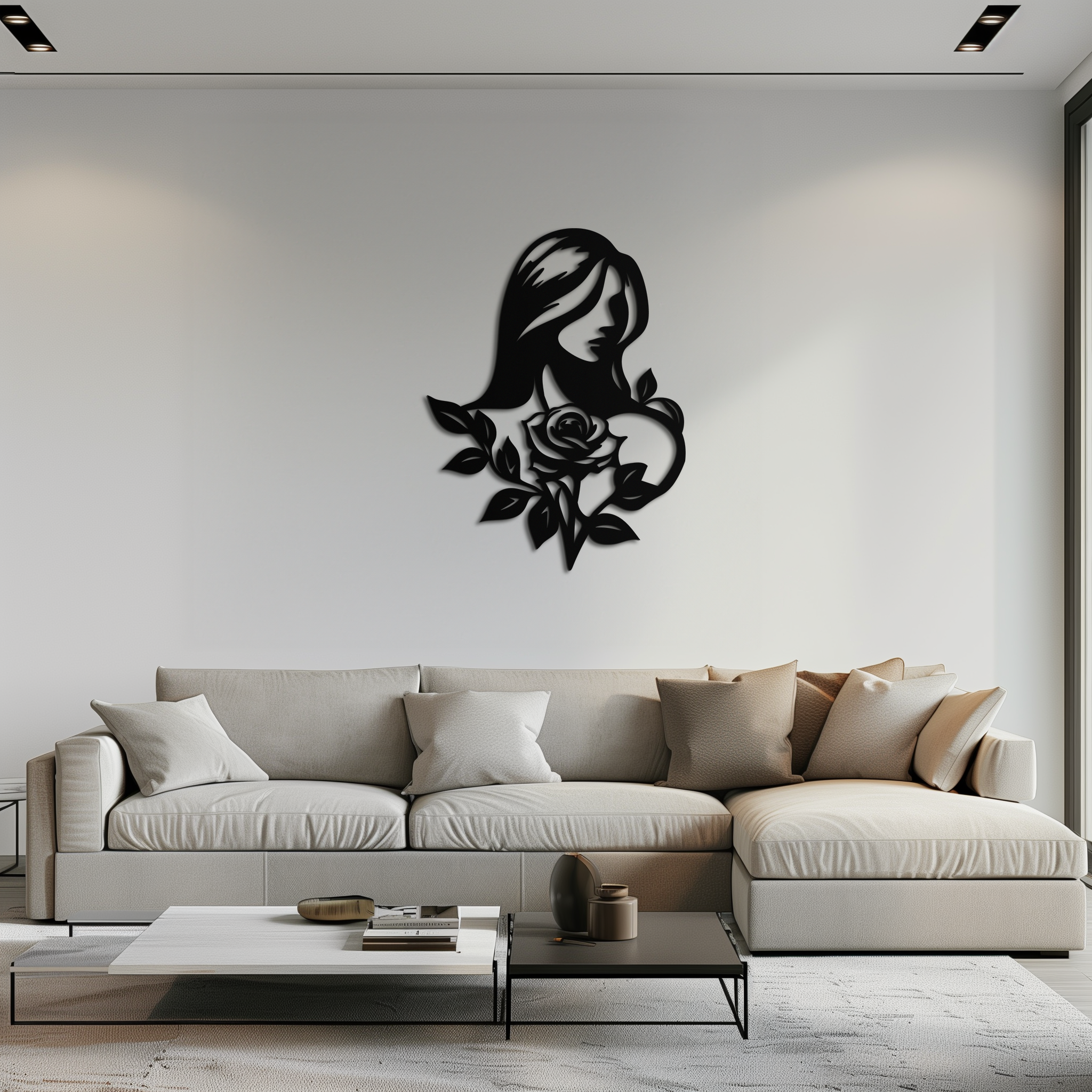 Woman and Rose Silhouette Metal Wall Art – Floral Line Art Metal Decor- KAF633