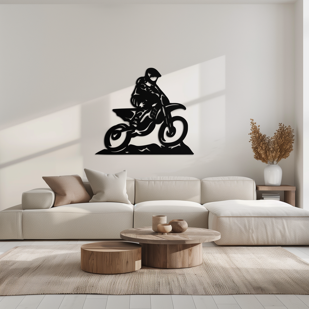 Dynamic Motocross Rider Metal Wall Art – Off-Road Motorcycle Silhouette Decor - KAF645