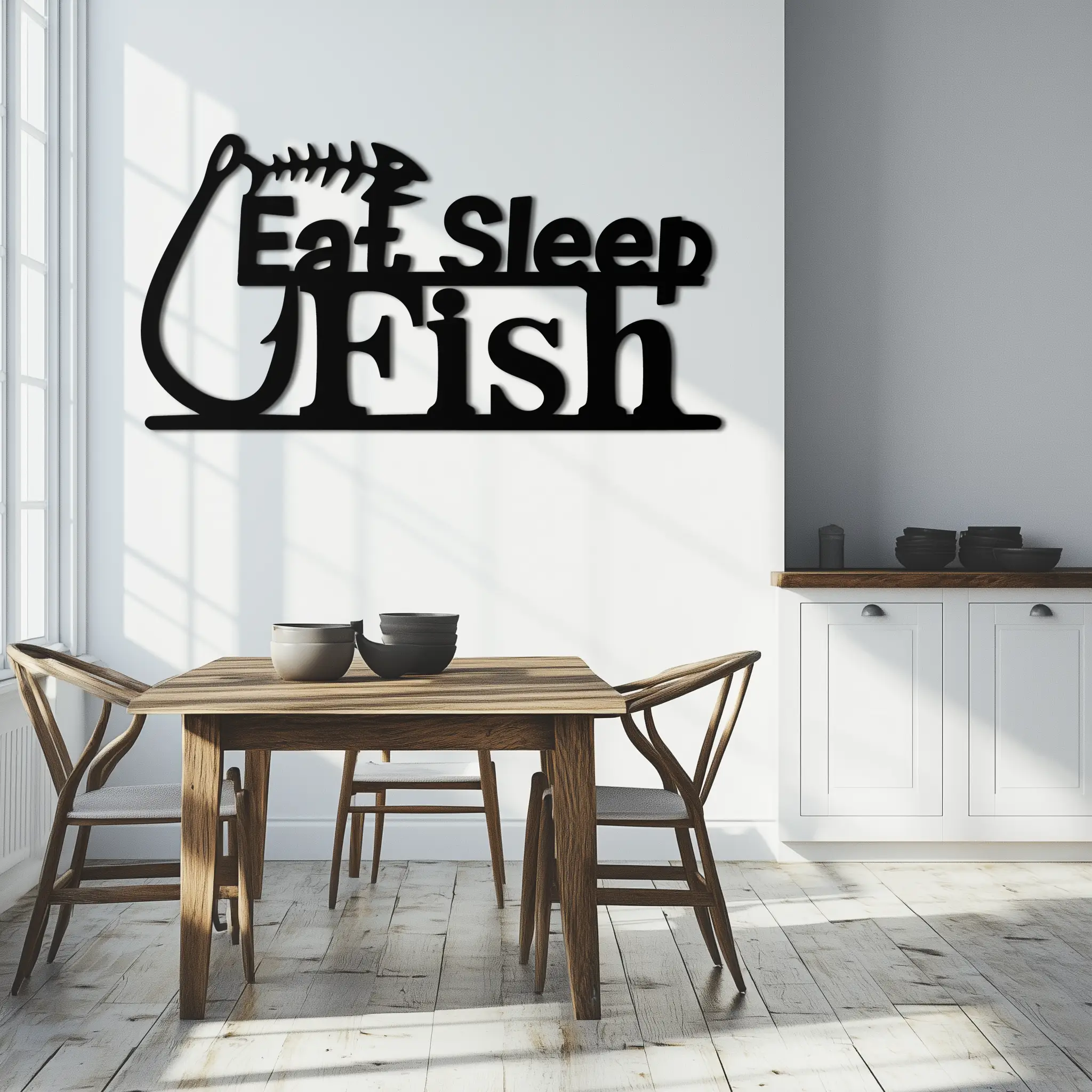 "Eat, Sleep, Fish" Metal Wall Art – Fishing Enthusiast Design with Hook and Phrase- KAF670