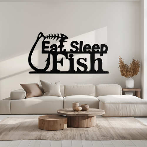 "Eat, Sleep, Fish" Metal Wall Art – Fishing Enthusiast Design with Hook and Phrase- KAF670