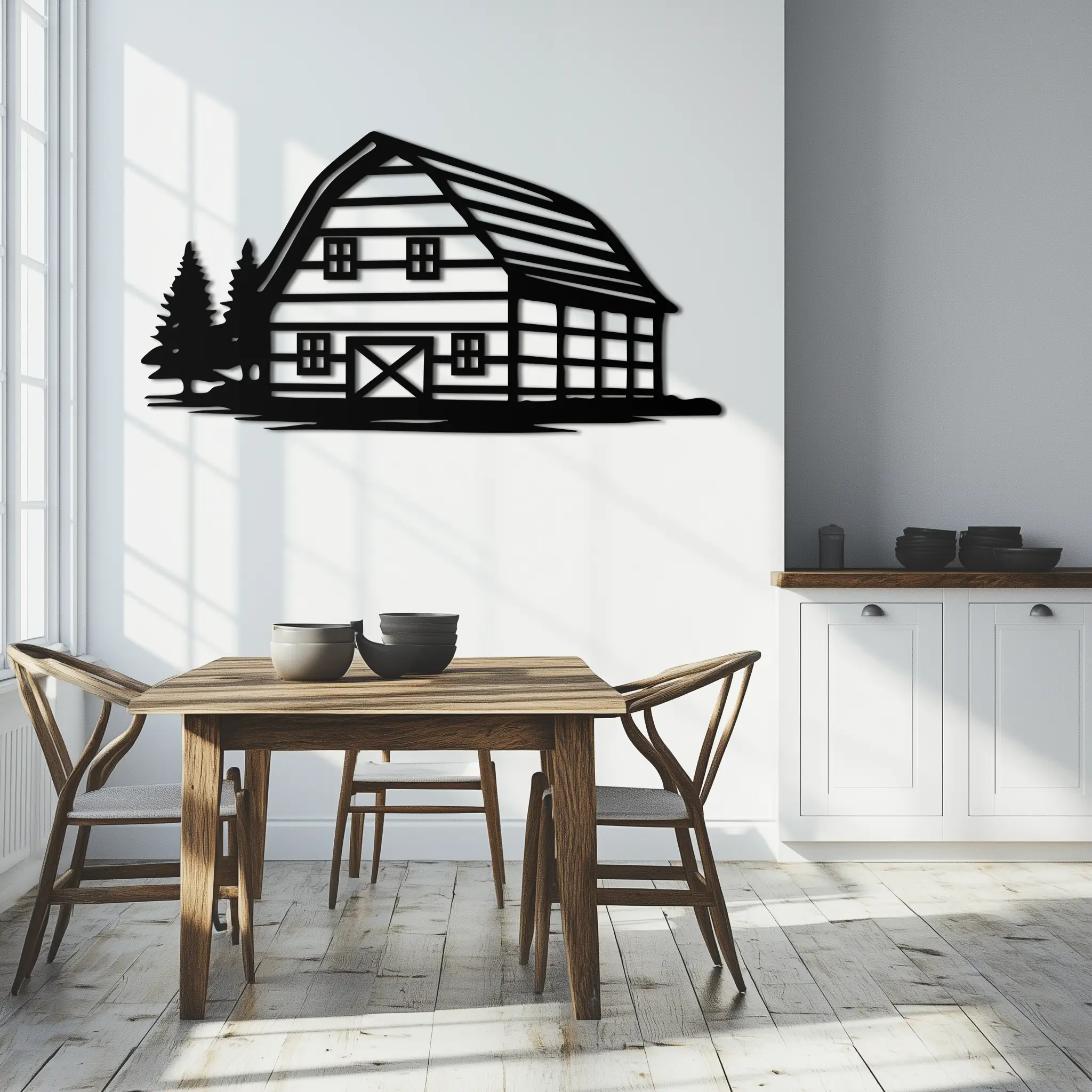 Rustic Barn and Pine Trees Metal Wall Art – Country House Landscape Silhouette Decor- KAF681