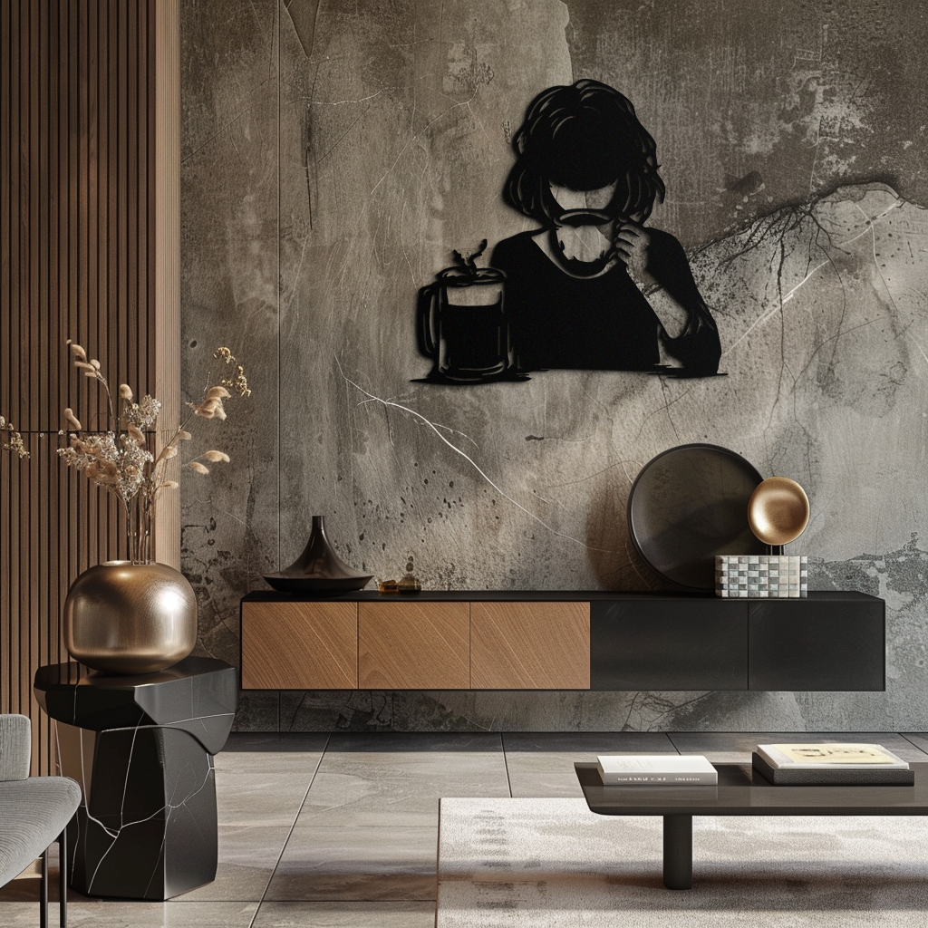 Coffee Girl Silhouette Metal Wall Art – Cozy Black Modern Home Decor for Coffee - KAF683