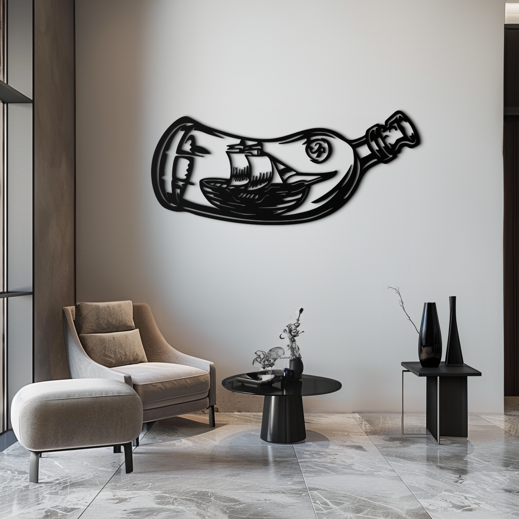 Ship in a Bottle Metal Wall Art – Nautical Silhouette Design for Sea Lovers- KAF691