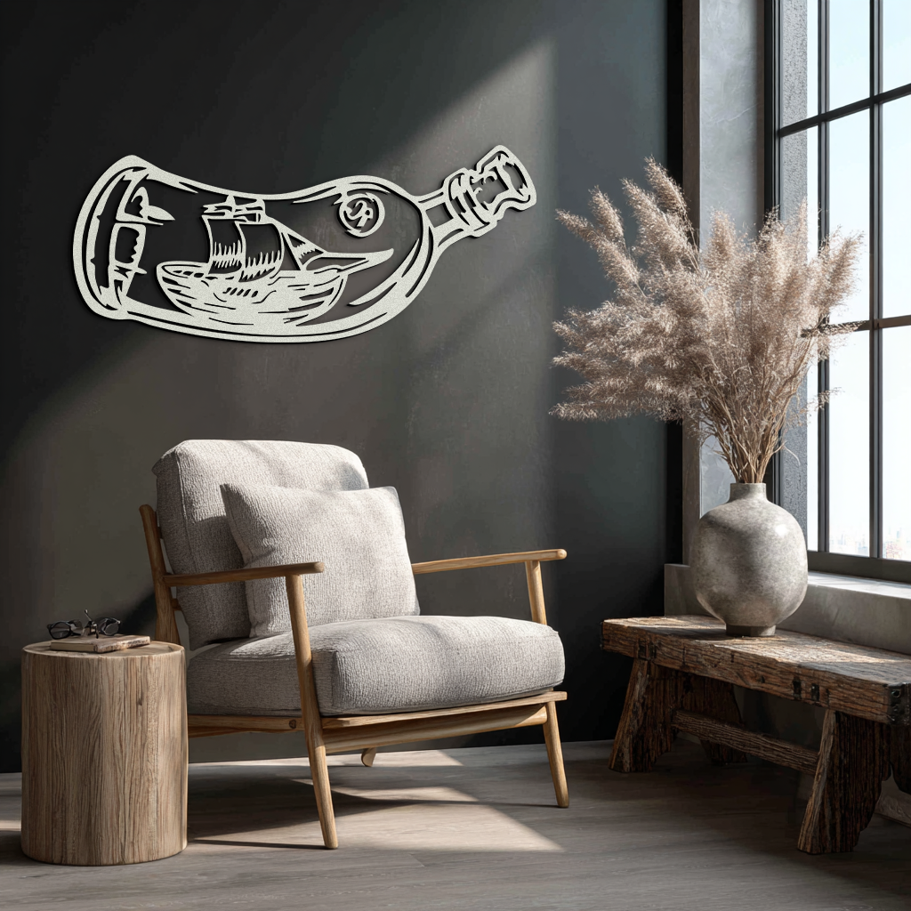 Ship in a Bottle Metal Wall Art – Nautical Silhouette Design for Sea Lovers- KAF691