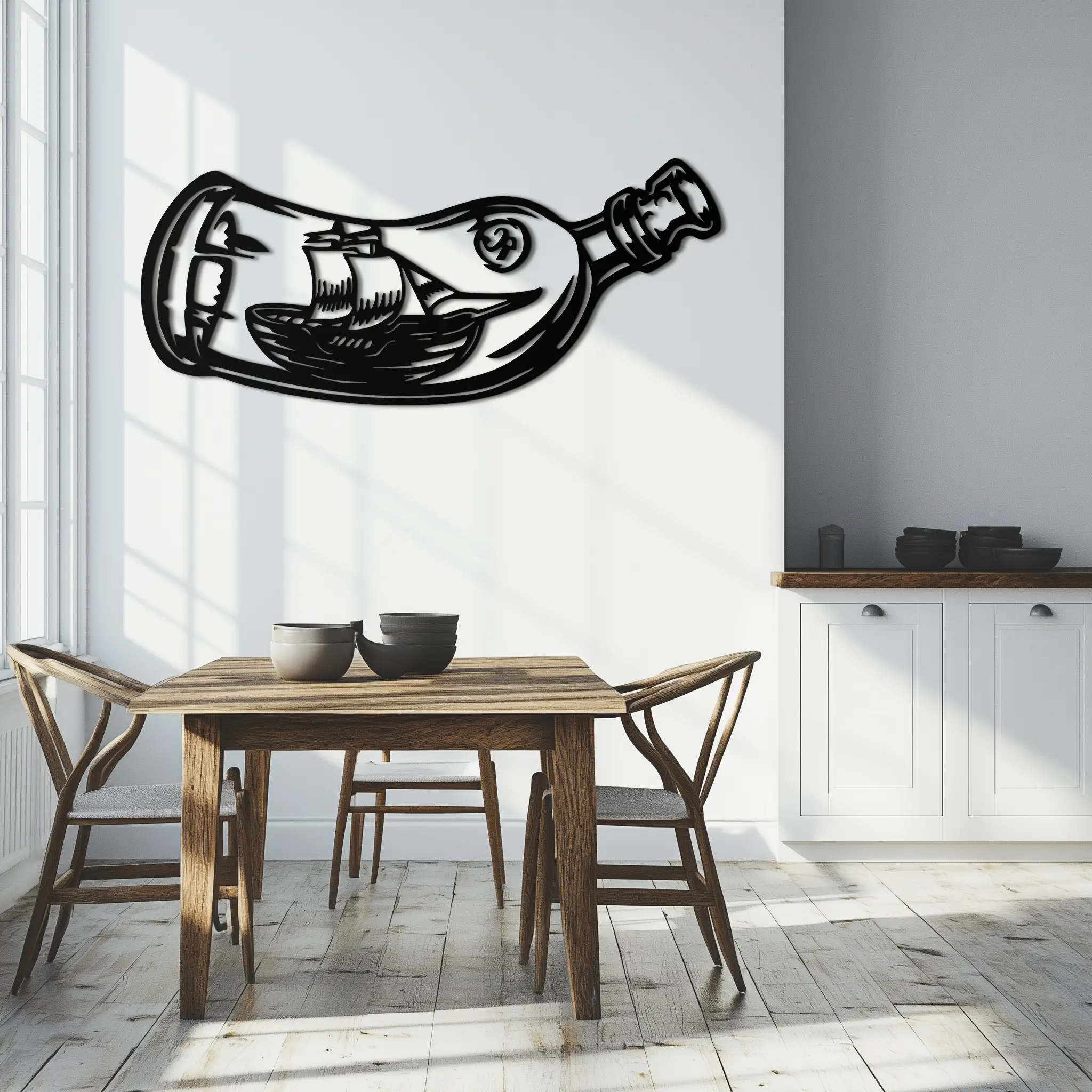 Ship in a Bottle Metal Wall Art – Nautical Silhouette Design for Sea Lovers- KAF691