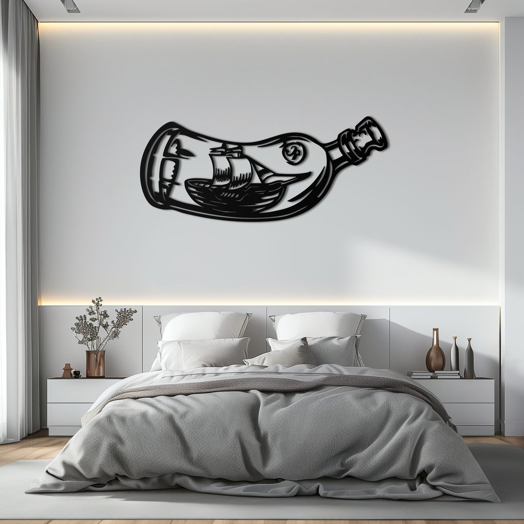 Ship in a Bottle Metal Wall Art – Nautical Silhouette Design for Sea Lovers- KAF691