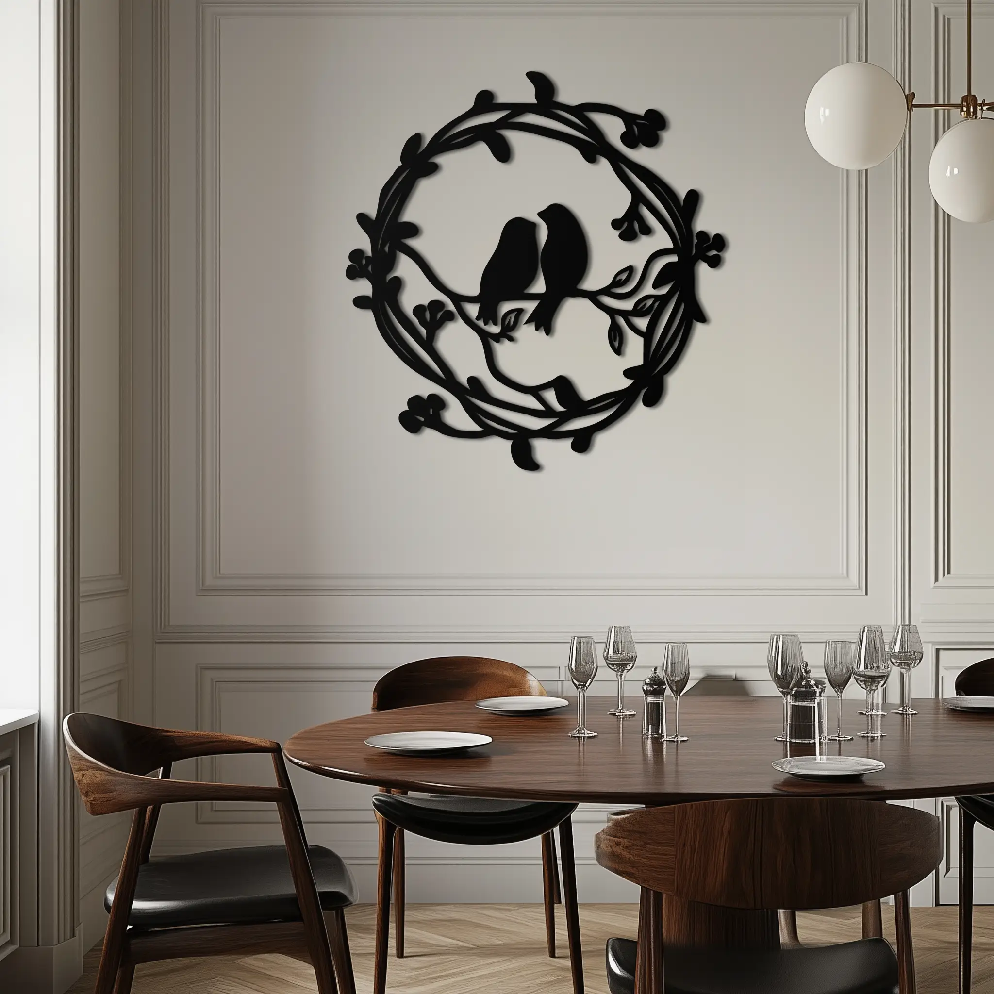Two Birds on Wreath Branch Metal Wall Art – Romantic Nature-Inspired Round Design- KAF702