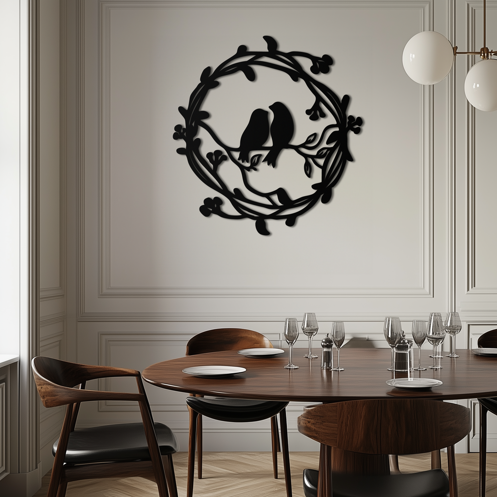 Two Birds on Wreath Branch Metal Wall Art – Romantic Nature-Inspired Round Design- KAF702