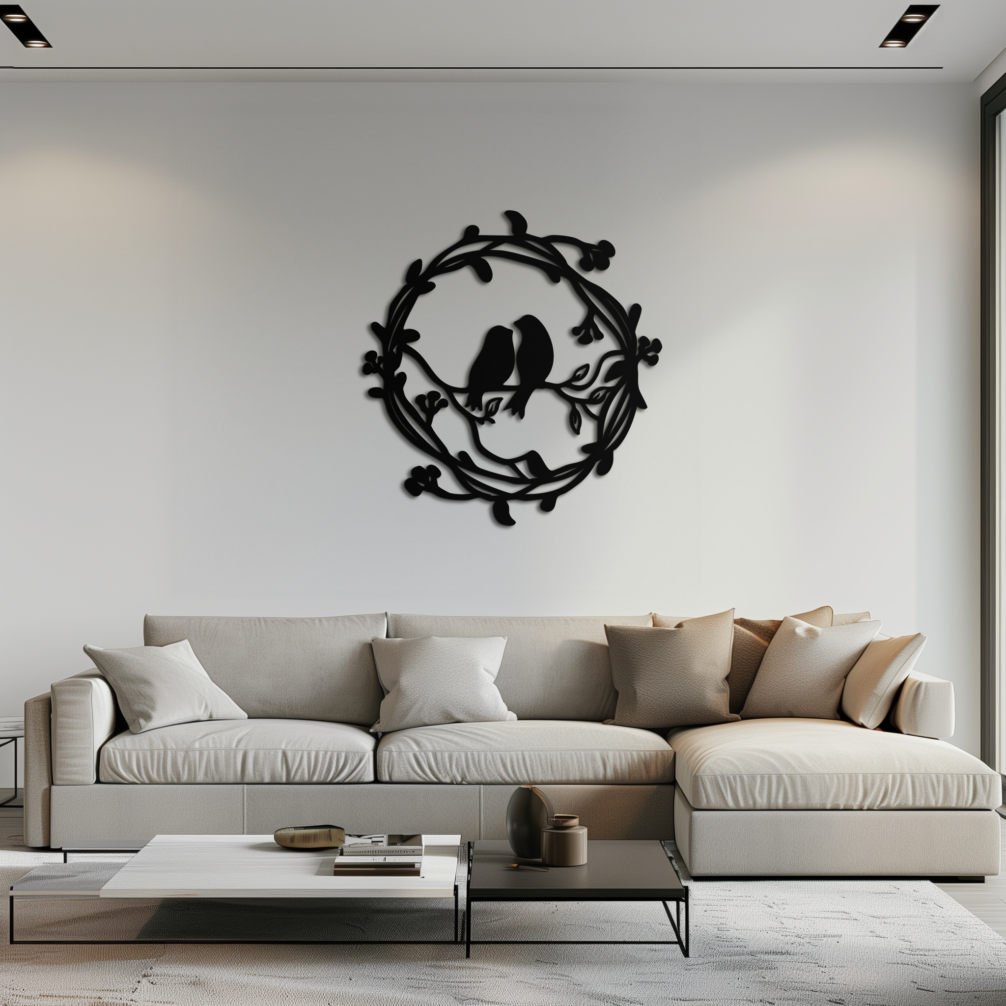 Two Birds on Wreath Branch Metal Wall Art – Romantic Nature-Inspired Round Design- KAF702
